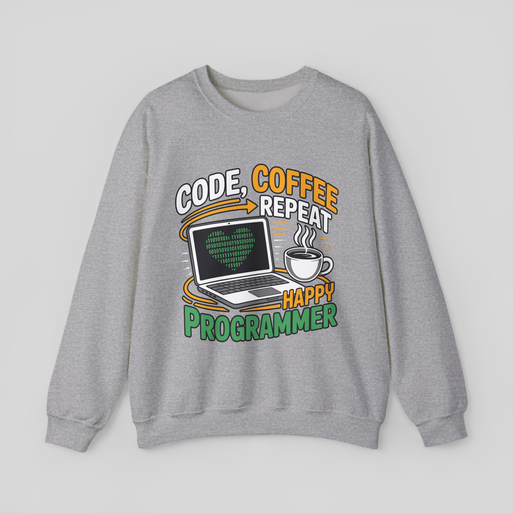 Gray sweatshirt with a graphic design featuring text and a laptop on a gray background