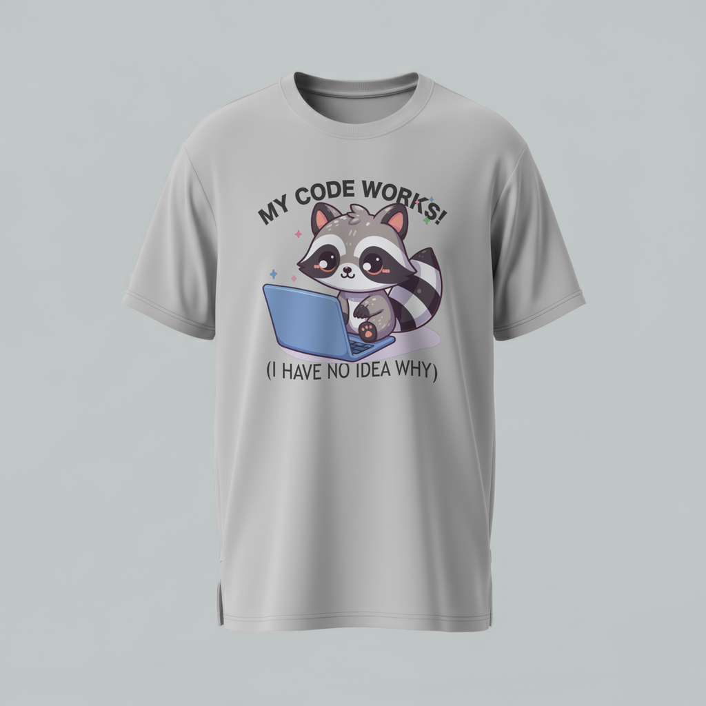Cute Raccoon Coding T-Shirt — "My Code Works! (I Have No Idea Why)" Programmer Tee