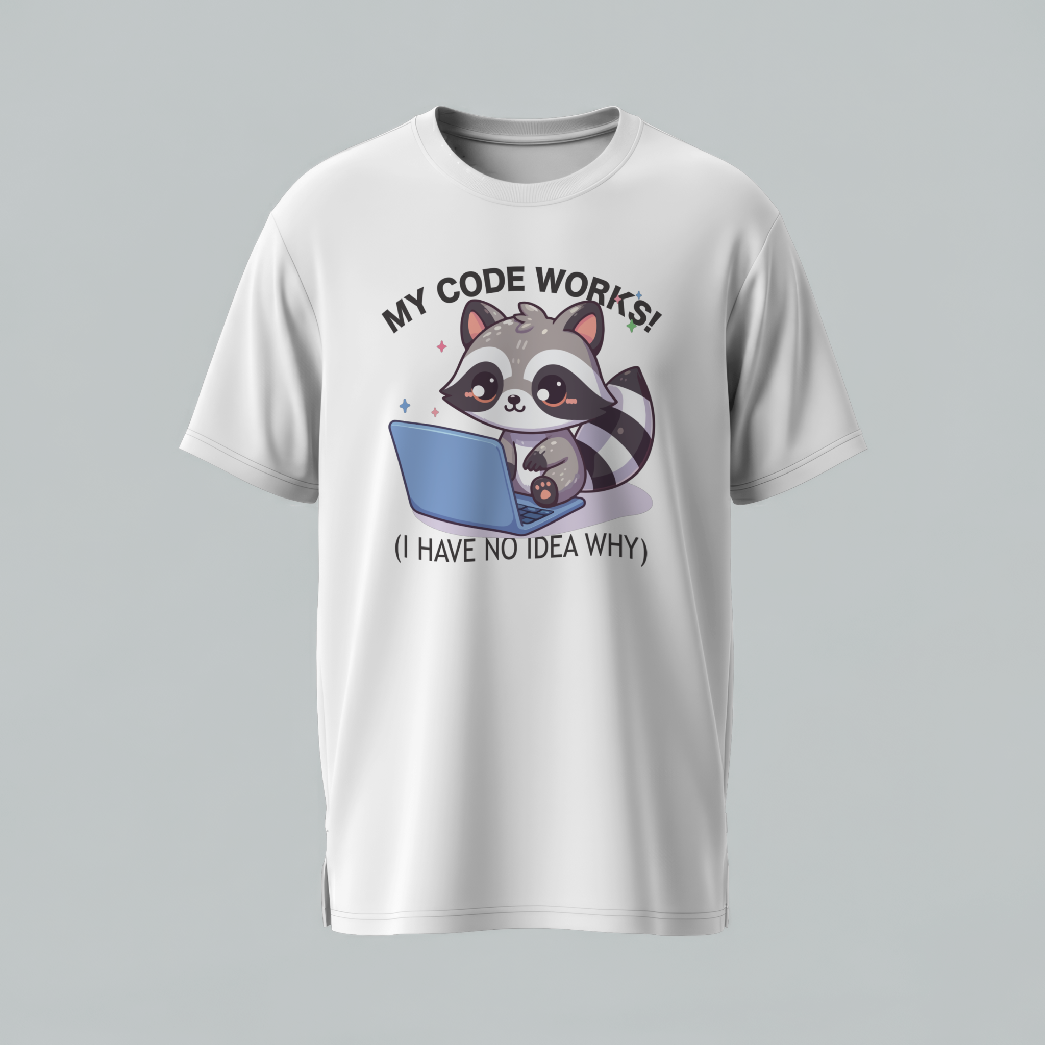 Cute Raccoon Coding T-Shirt — "My Code Works! (I Have No Idea Why)" Programmer Tee