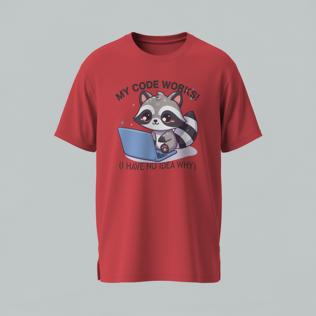 Cute Raccoon Coding T-Shirt — "My Code Works! (I Have No Idea Why)" Programmer Tee