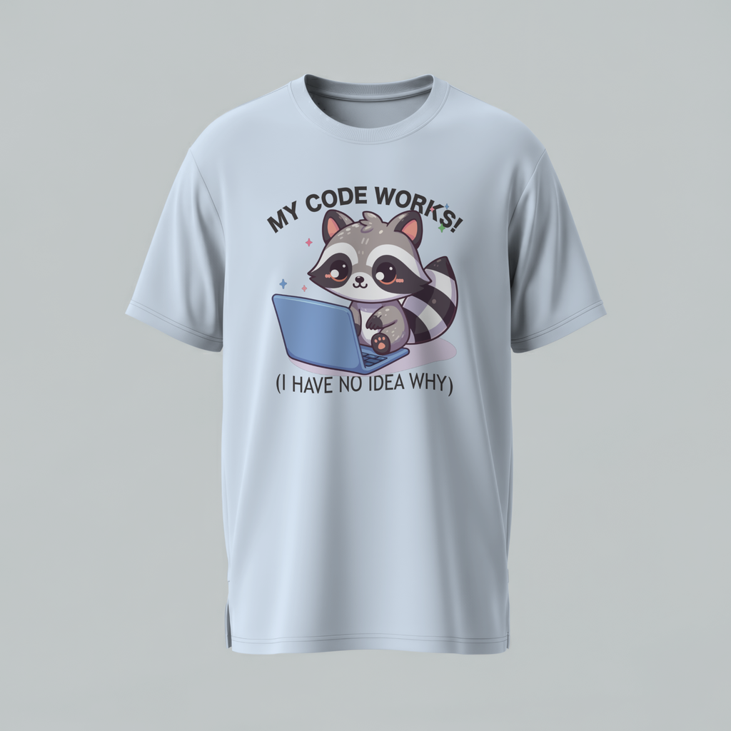 Cute Raccoon Coding T-Shirt — "My Code Works! (I Have No Idea Why)" Programmer Tee