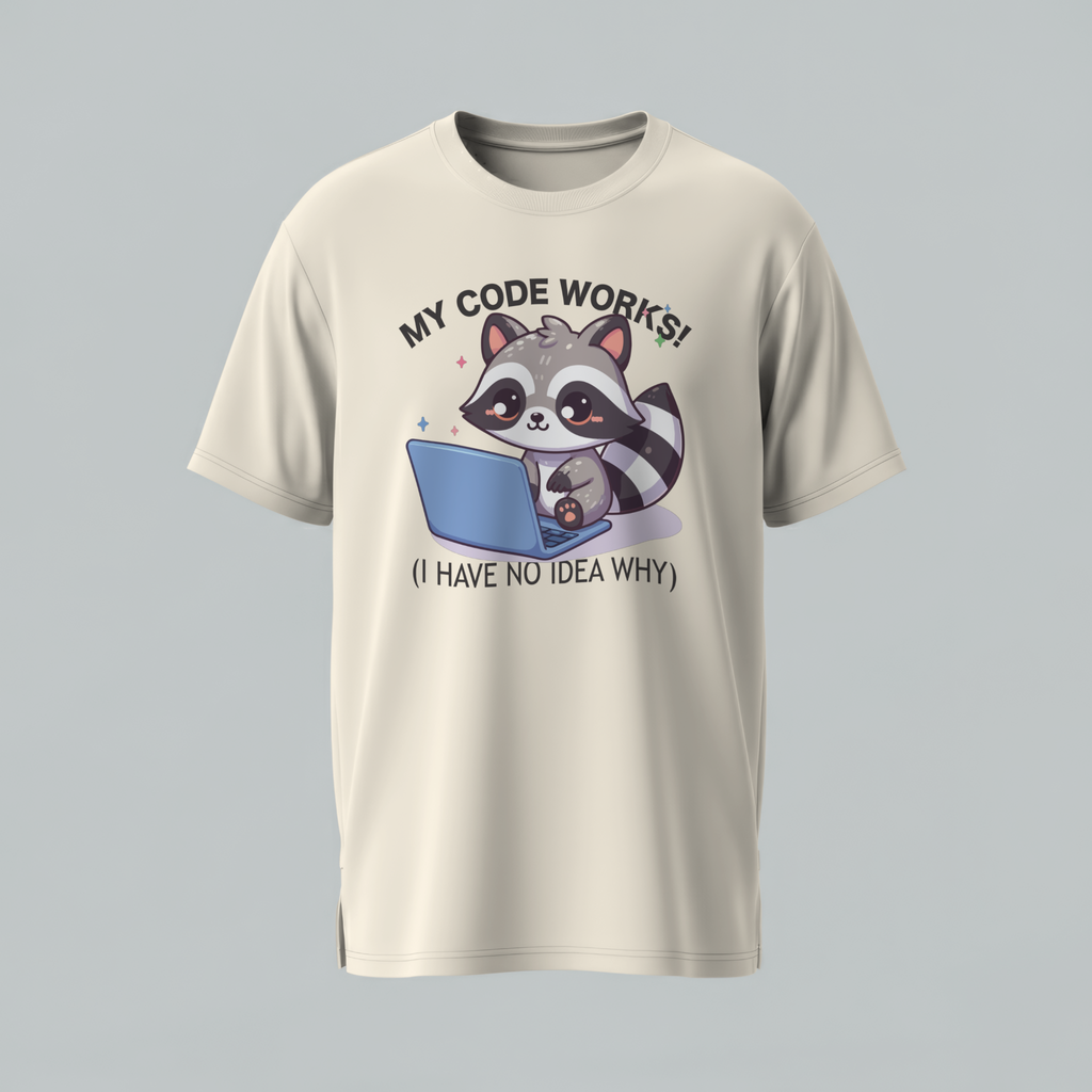 Cute Raccoon Coding T-Shirt — "My Code Works! (I Have No Idea Why)" Programmer Tee