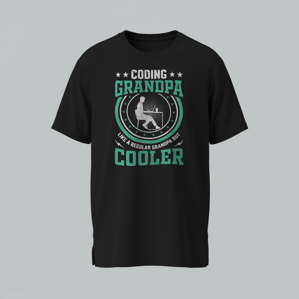Black t-shirt with 'Coding Grandpa' graphic design on a gray background