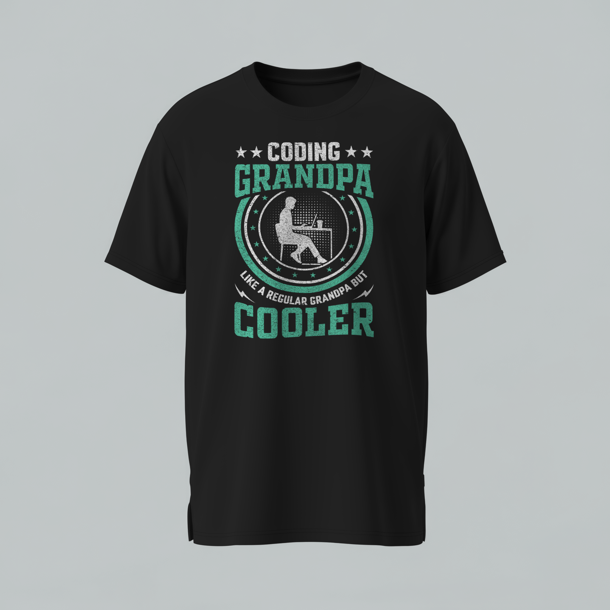 Black t-shirt with 'Coding Grandpa' graphic design on a gray background