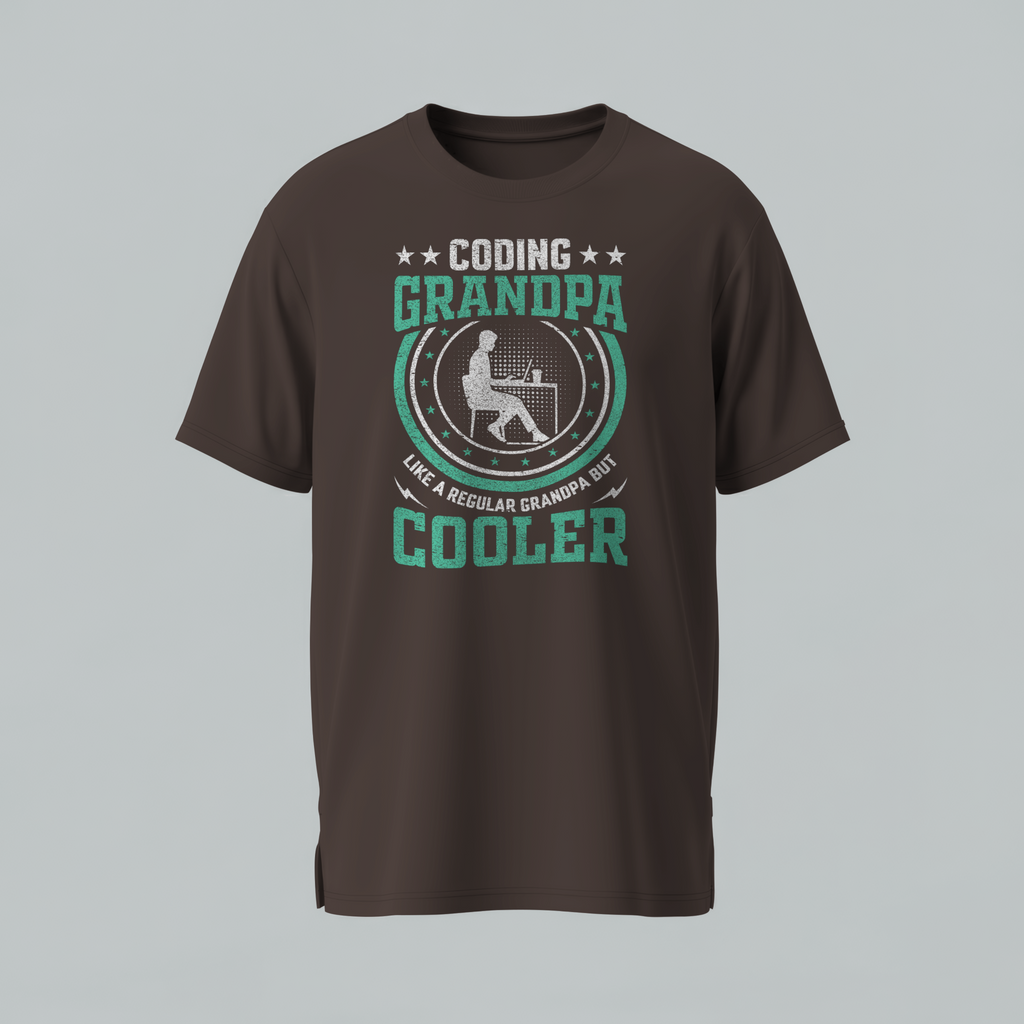 Brown t-shirt with 'Coding Grandpa Like a Regular Grandpa But Cooler' graphic on a gray background