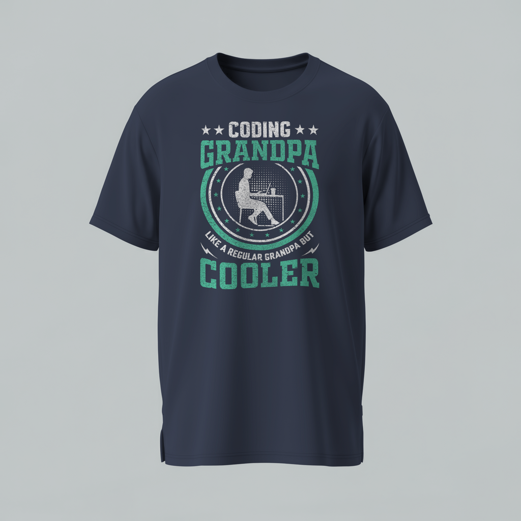 Navy blue t-shirt with 'Coding Grandpa' graphic design on a gray background