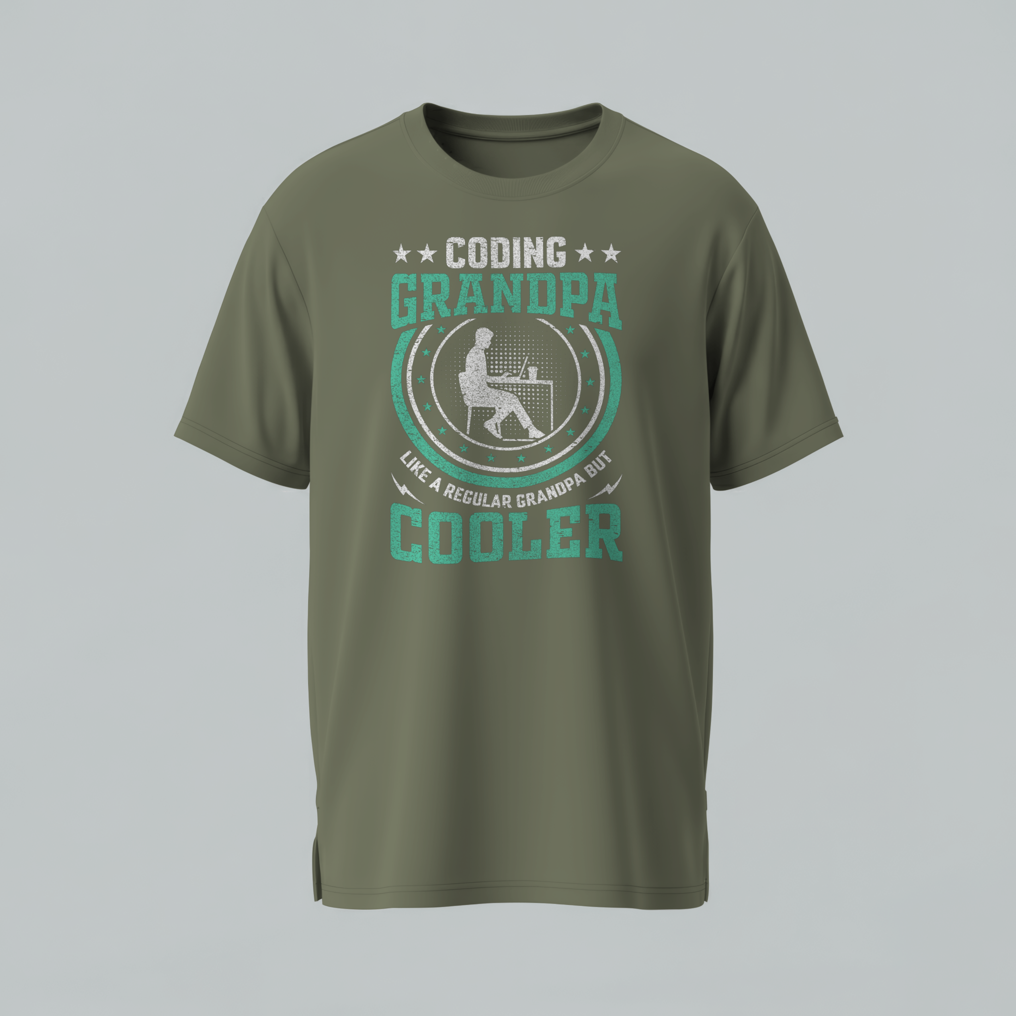 Green t-shirt with 'Coding Grandpa Like a Regular Grandpa is Cooler' text and graphic on a gray background