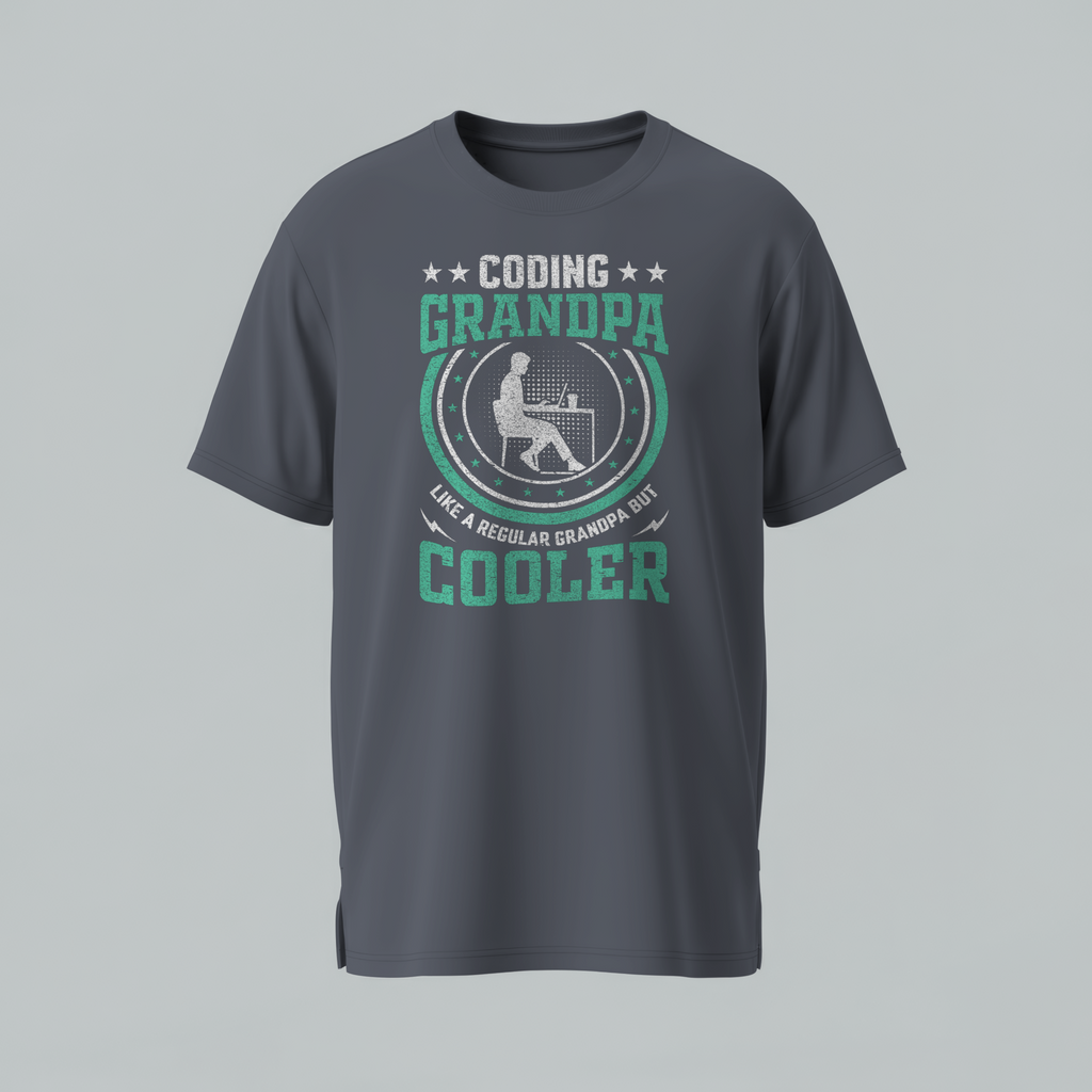 Gray t-shirt with 'Coding Grandpa, Cooler' graphic design on a gray background