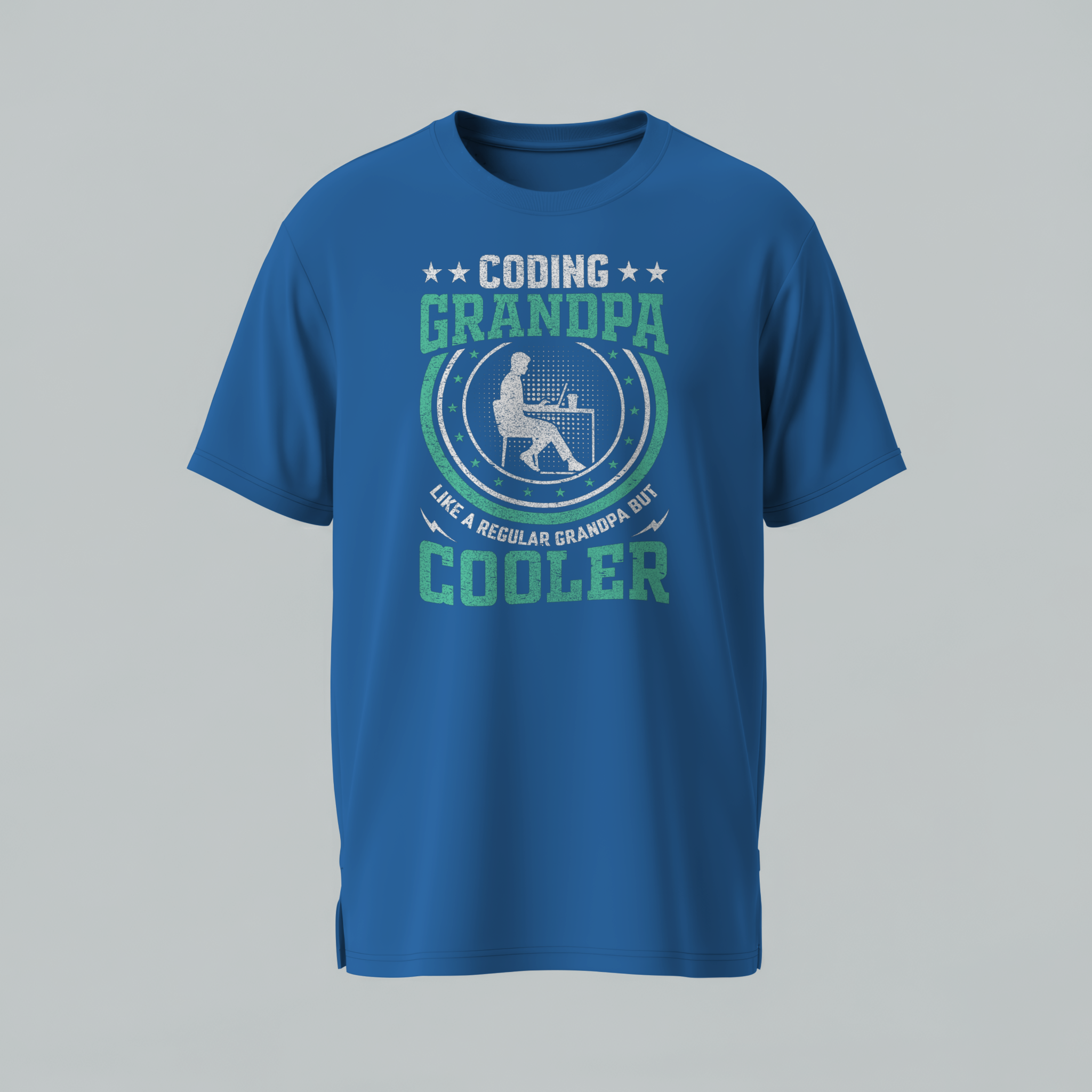 Blue t-shirt with 'Coding Grandpa' graphic design on a gray background