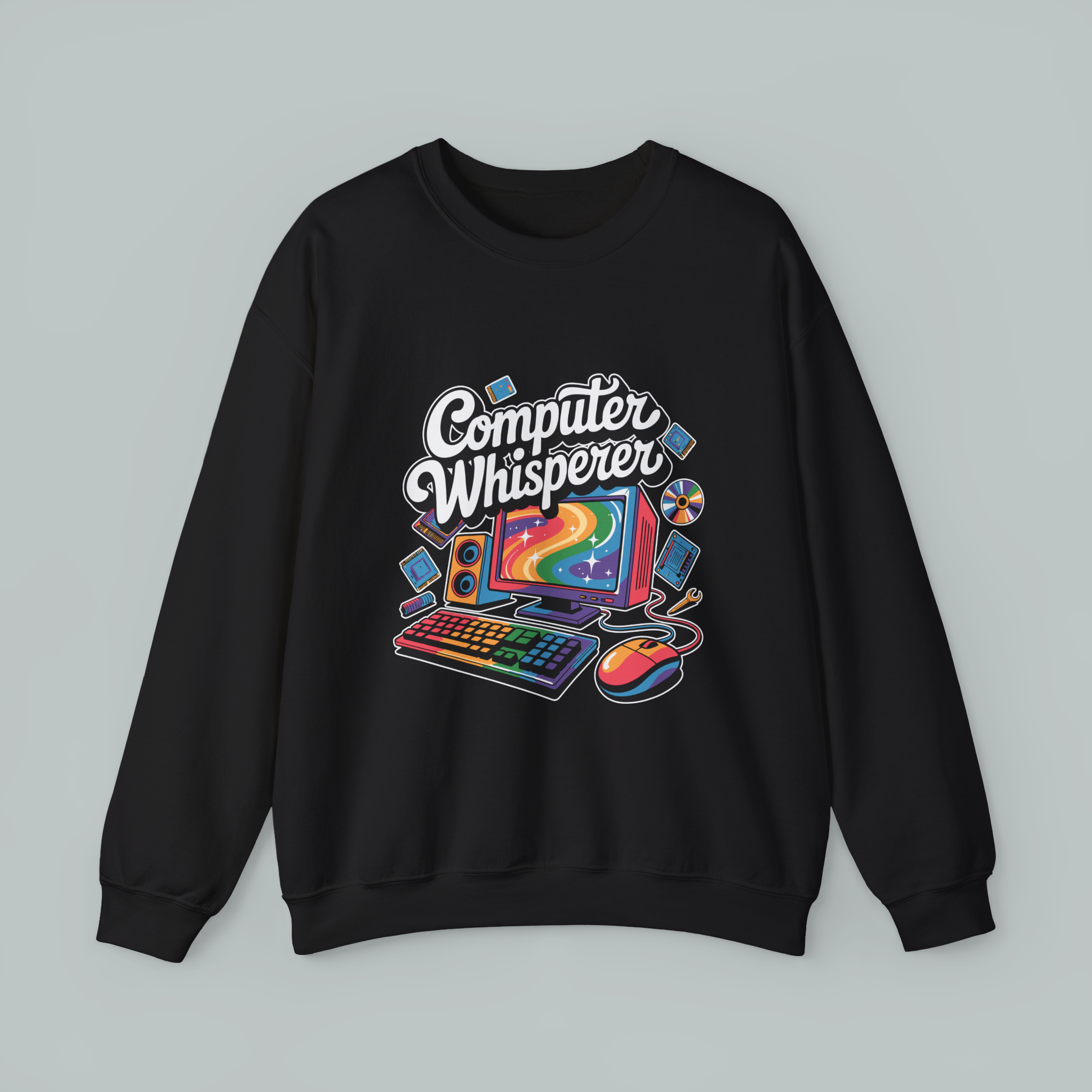 Black sweatshirt with 'Computer Whisperer' graphic design on a gray background