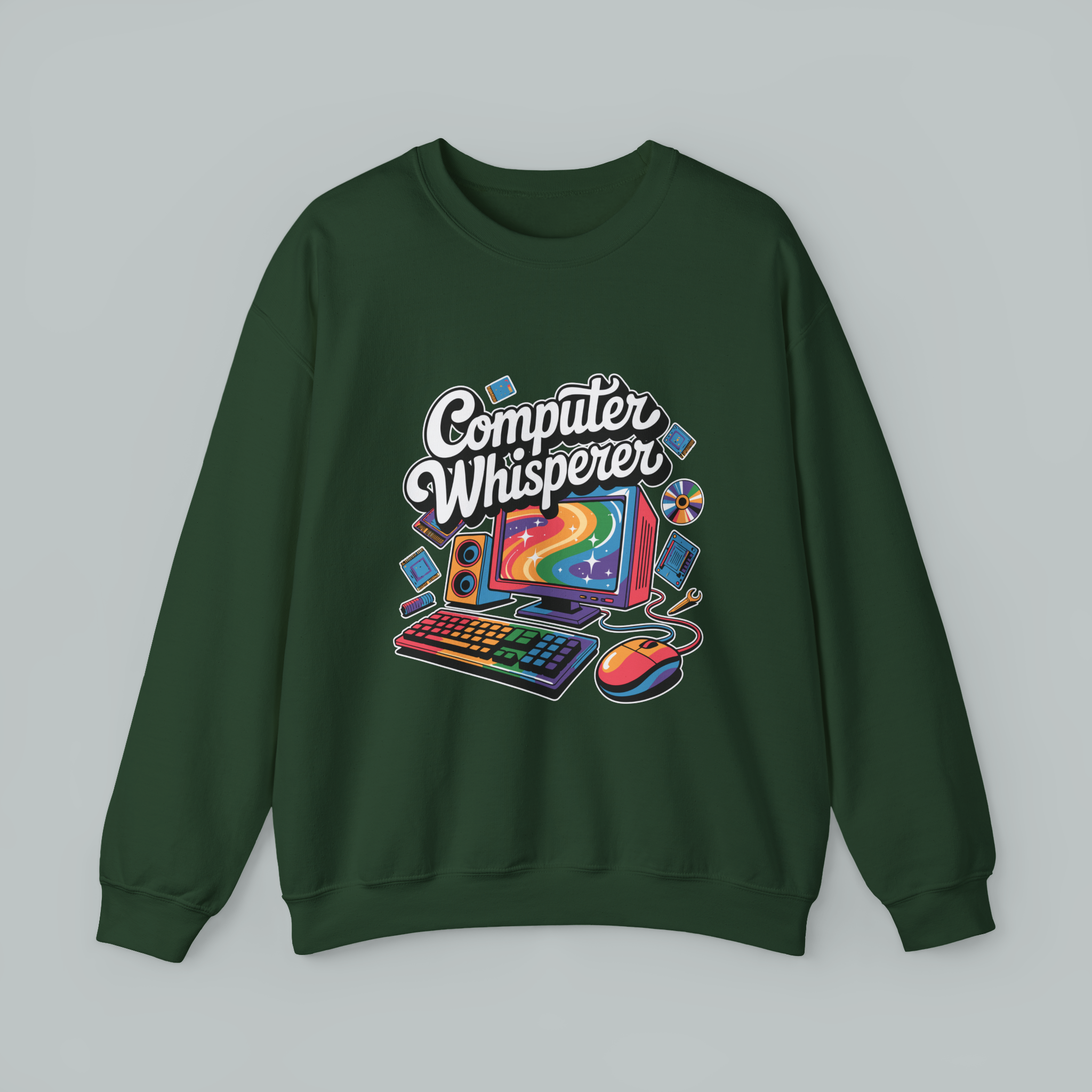 Green sweatshirt with 'Computer Whisperer' graphic design on a gray background