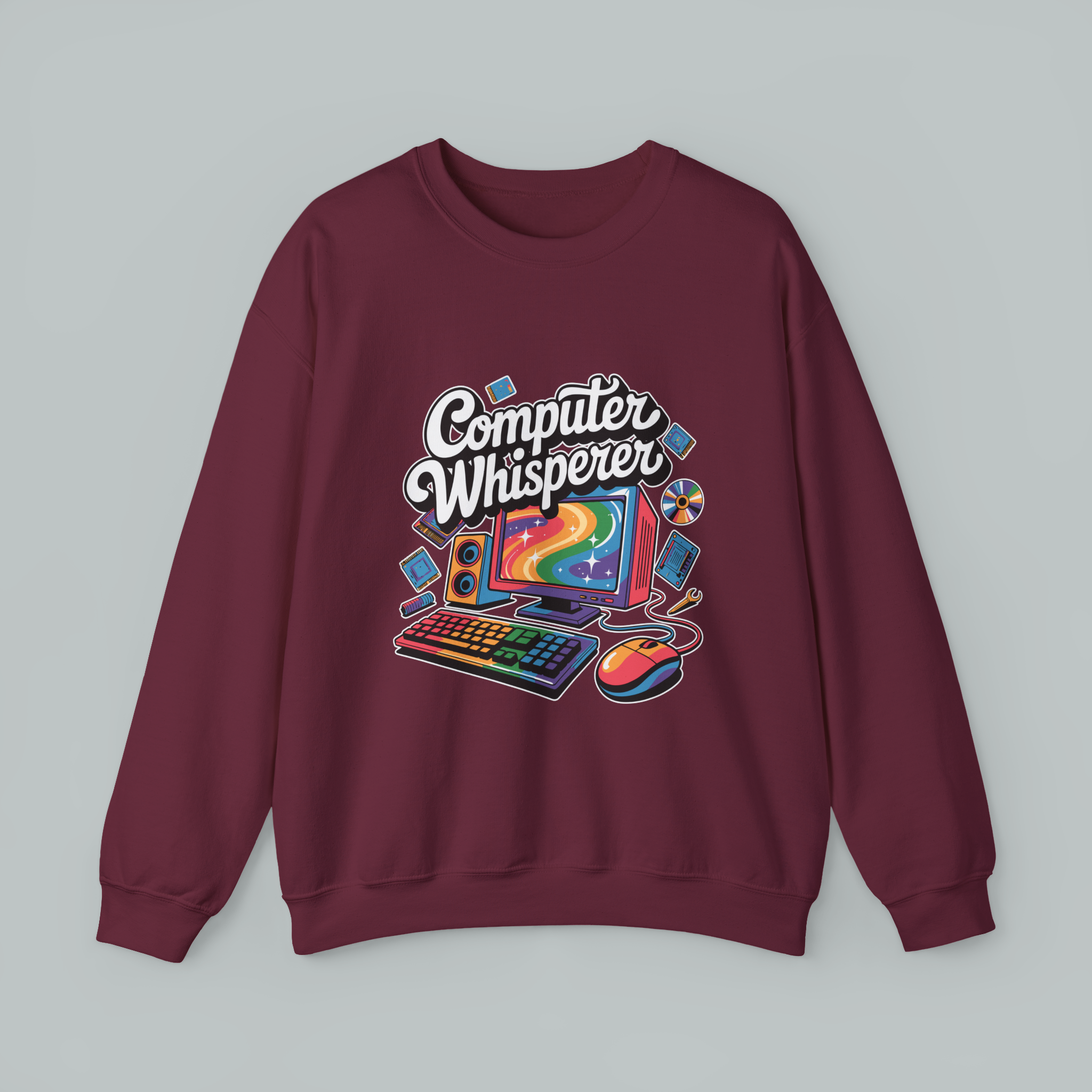 Maroon sweatshirt with 'Computer Whisperer' graphic design on a gray background