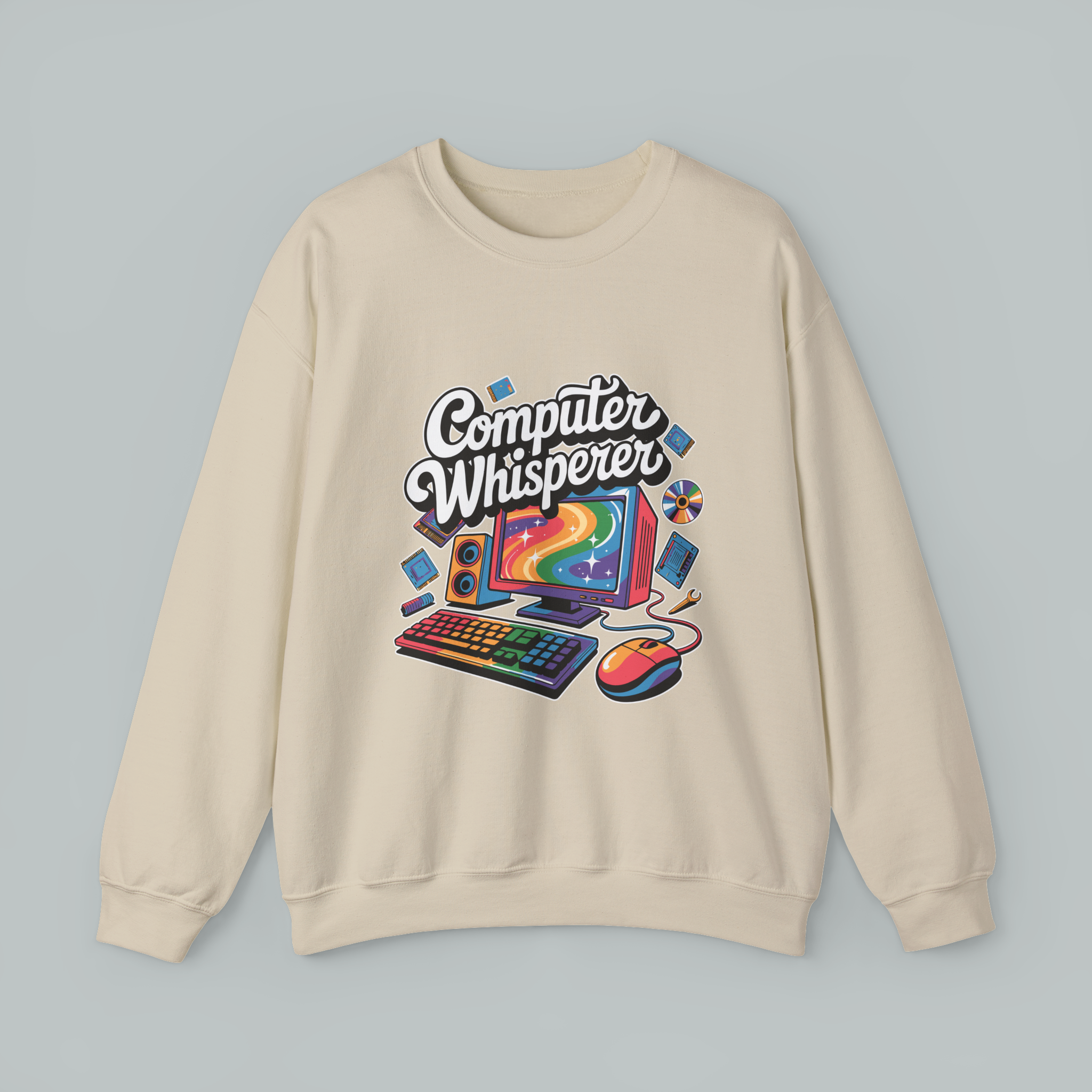 Beige sweatshirt with 'Computer Whisperer' graphic design on a gray background