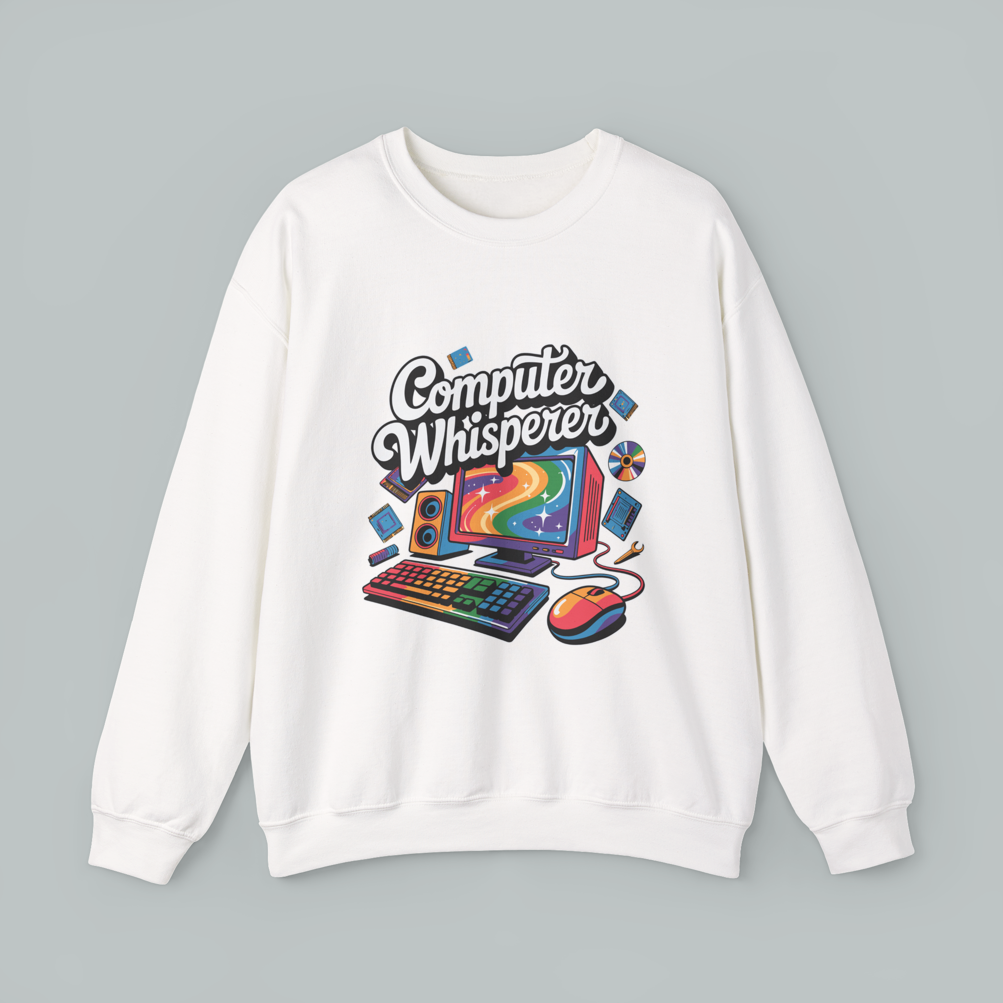 White sweatshirt with 'Computer Whisperer' graphic design on a gray background