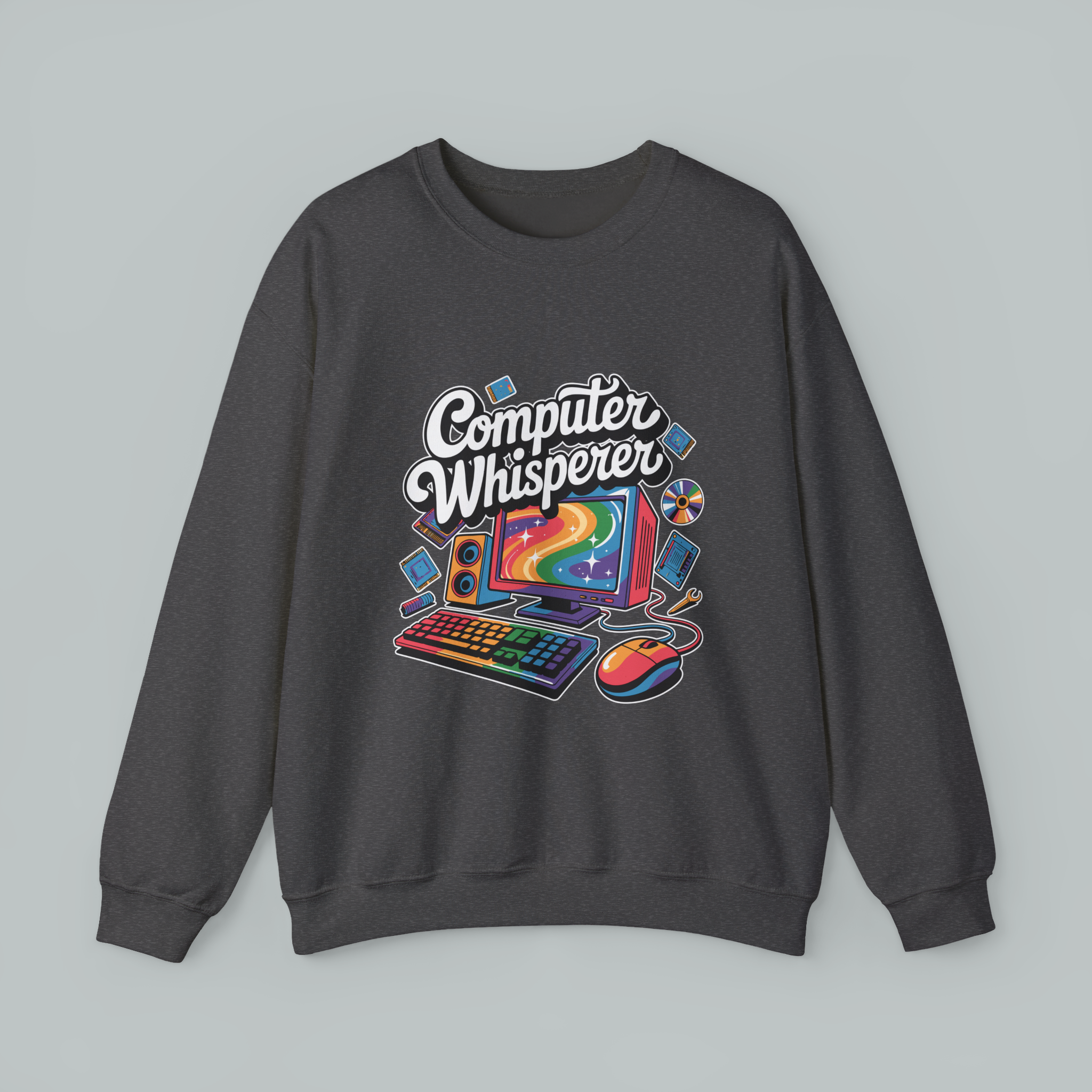 Dark gray sweatshirt with 'Computer Whisperer' graphic design on a light gray background