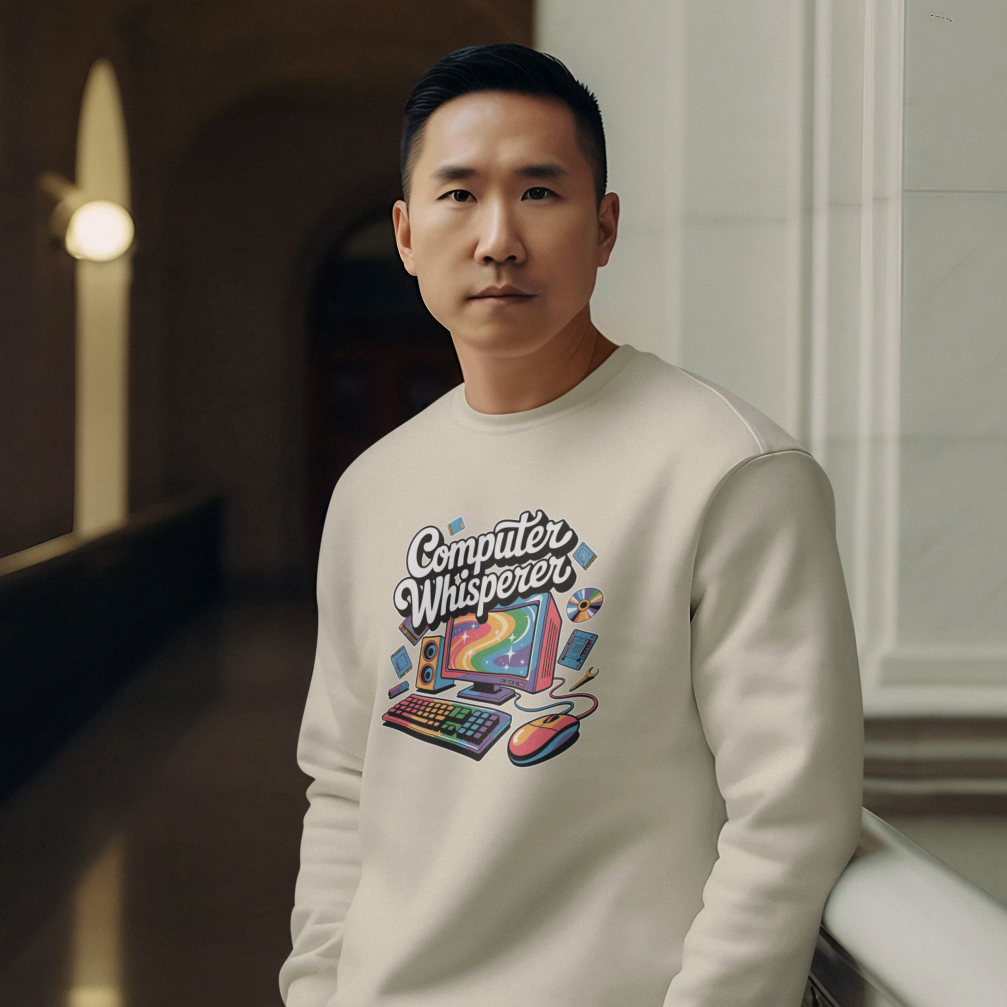 Man wearing a beige sweatshirt with 'Computer Whisperer' graphic design indoors.