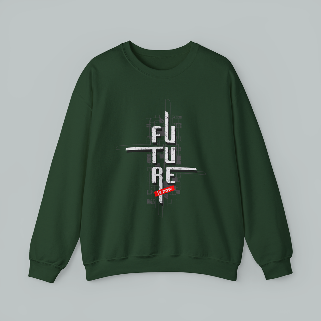 Green sweatshirt with 'FUTURE' text design on a gray background