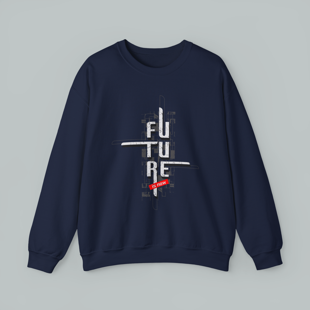 Navy blue sweatshirt with 'FUTURE' graphic design on a gray background