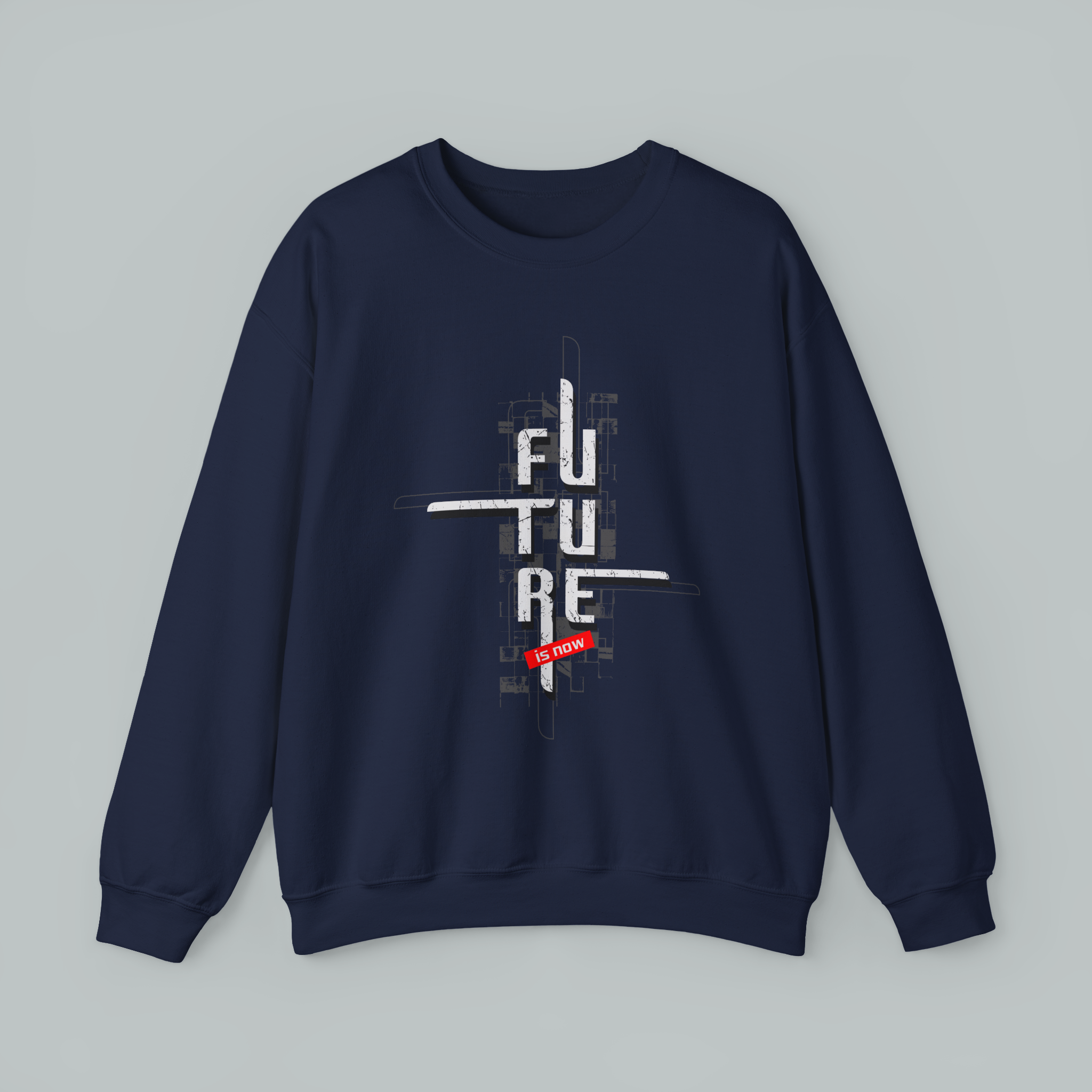 Navy blue sweatshirt with 'FUTURE' graphic design on a gray background