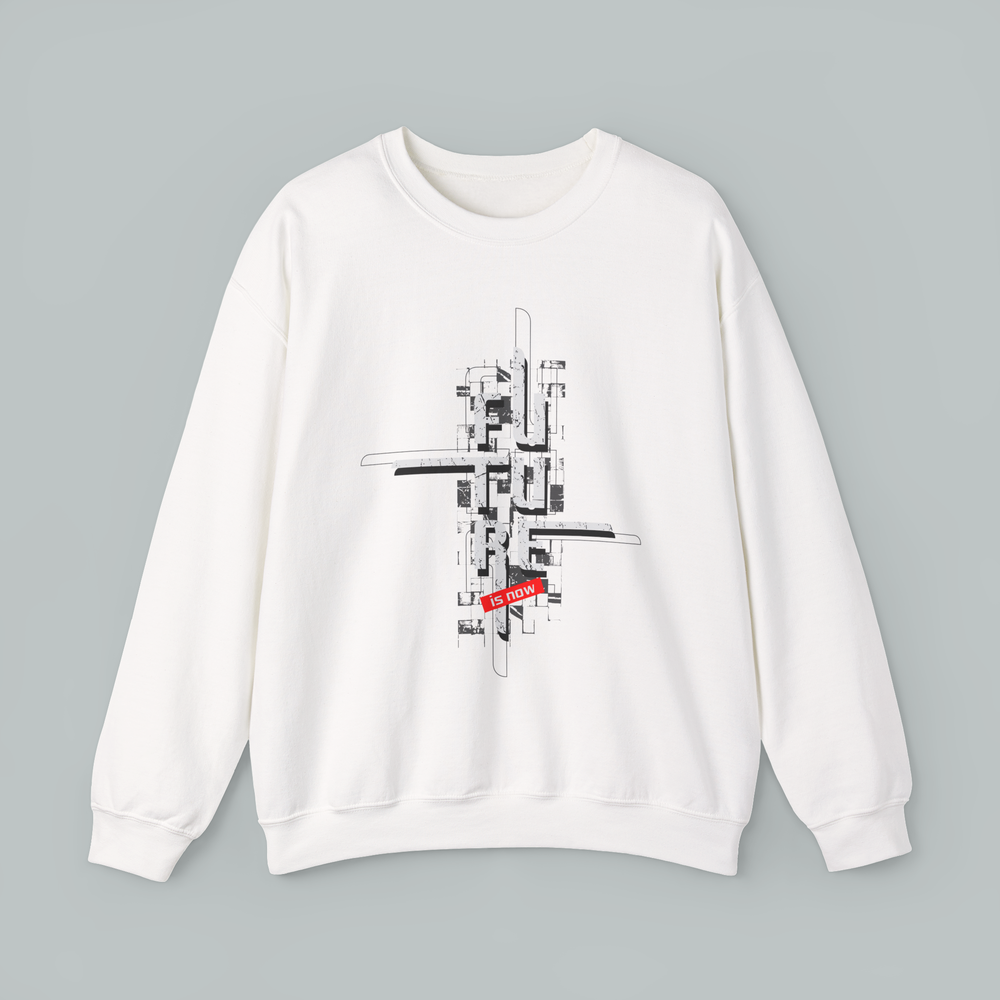 White sweatshirt with geometric design on a gray background