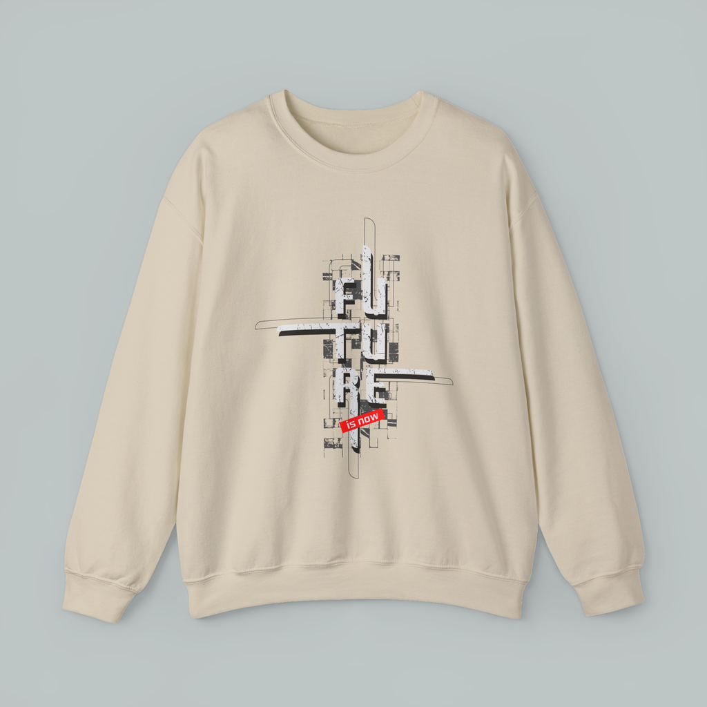 Beige sweatshirt with graphic design on a gray background