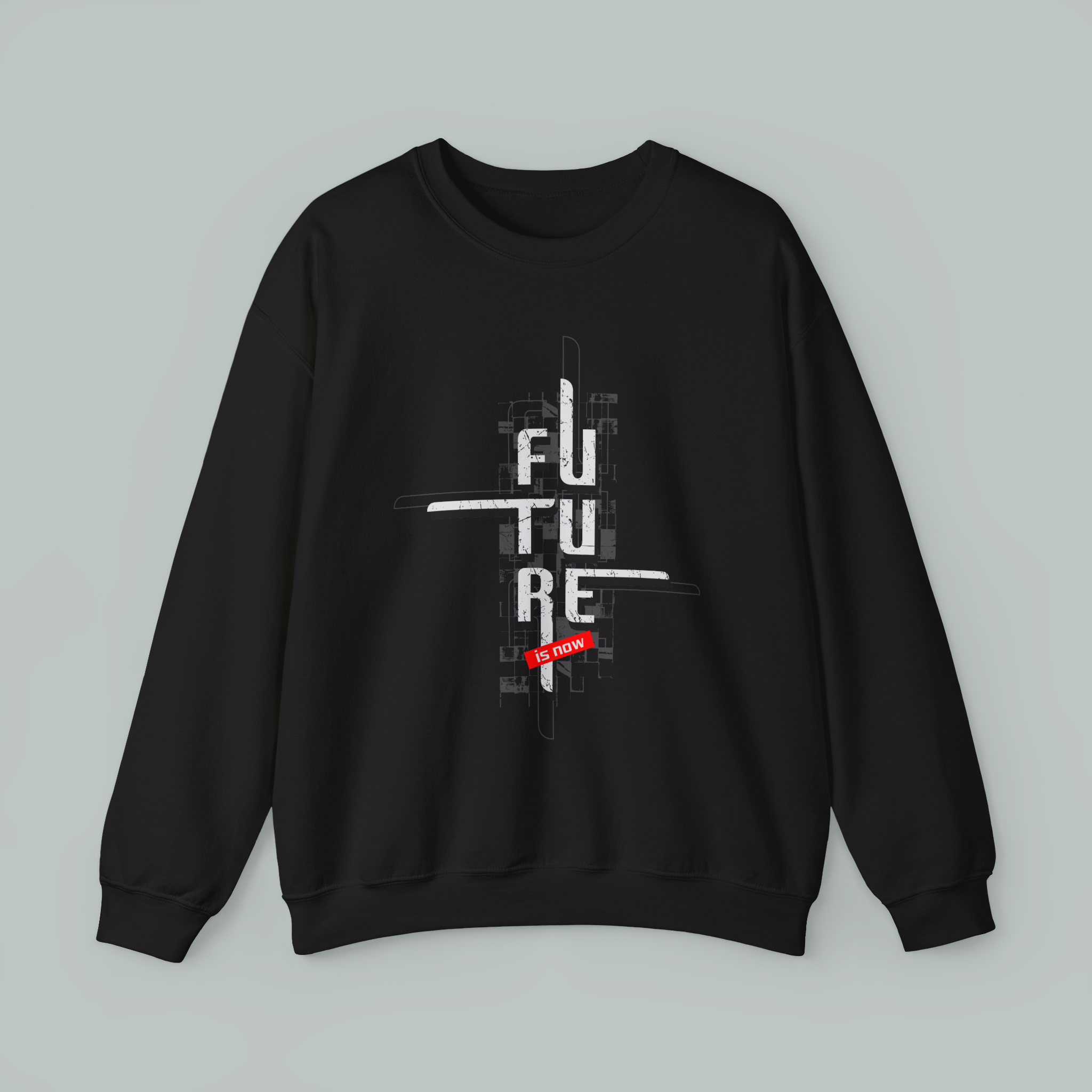 Black sweatshirt with 'FUTURE' graphic design on a gray background