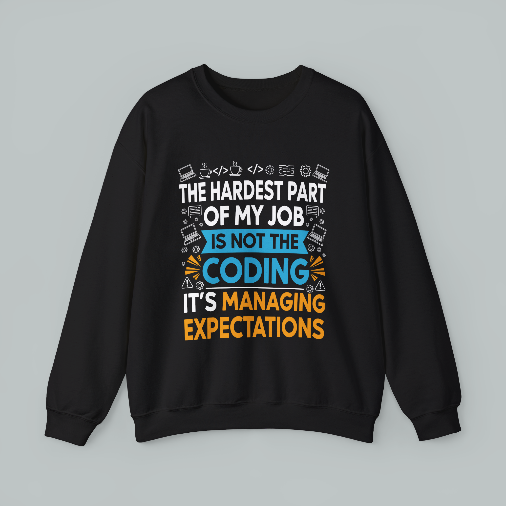 Black sweatshirt with text and icons on a gray background