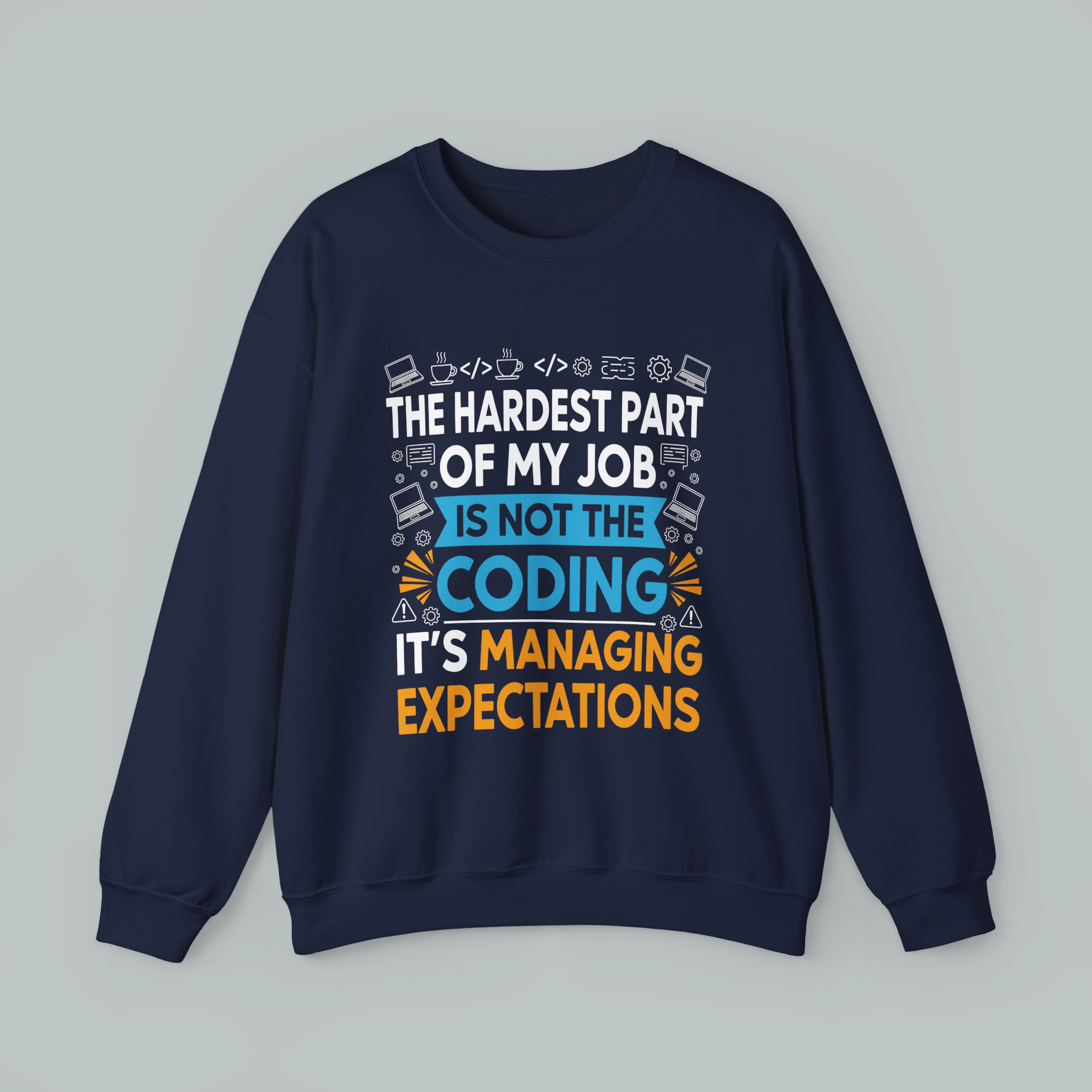 Navy blue sweatshirt with motivational text and icons on a gray background