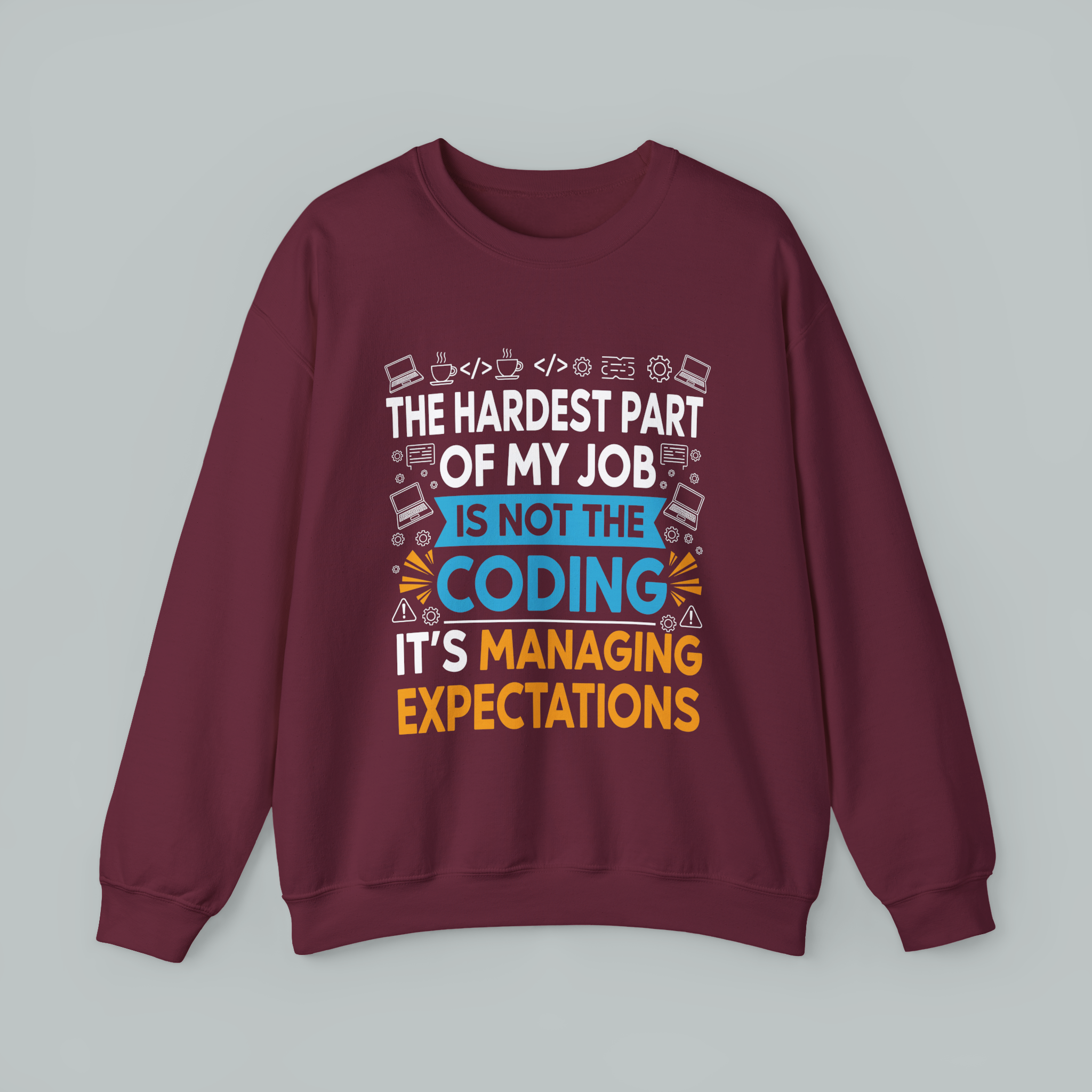 Maroon sweatshirt with text design on a gray background