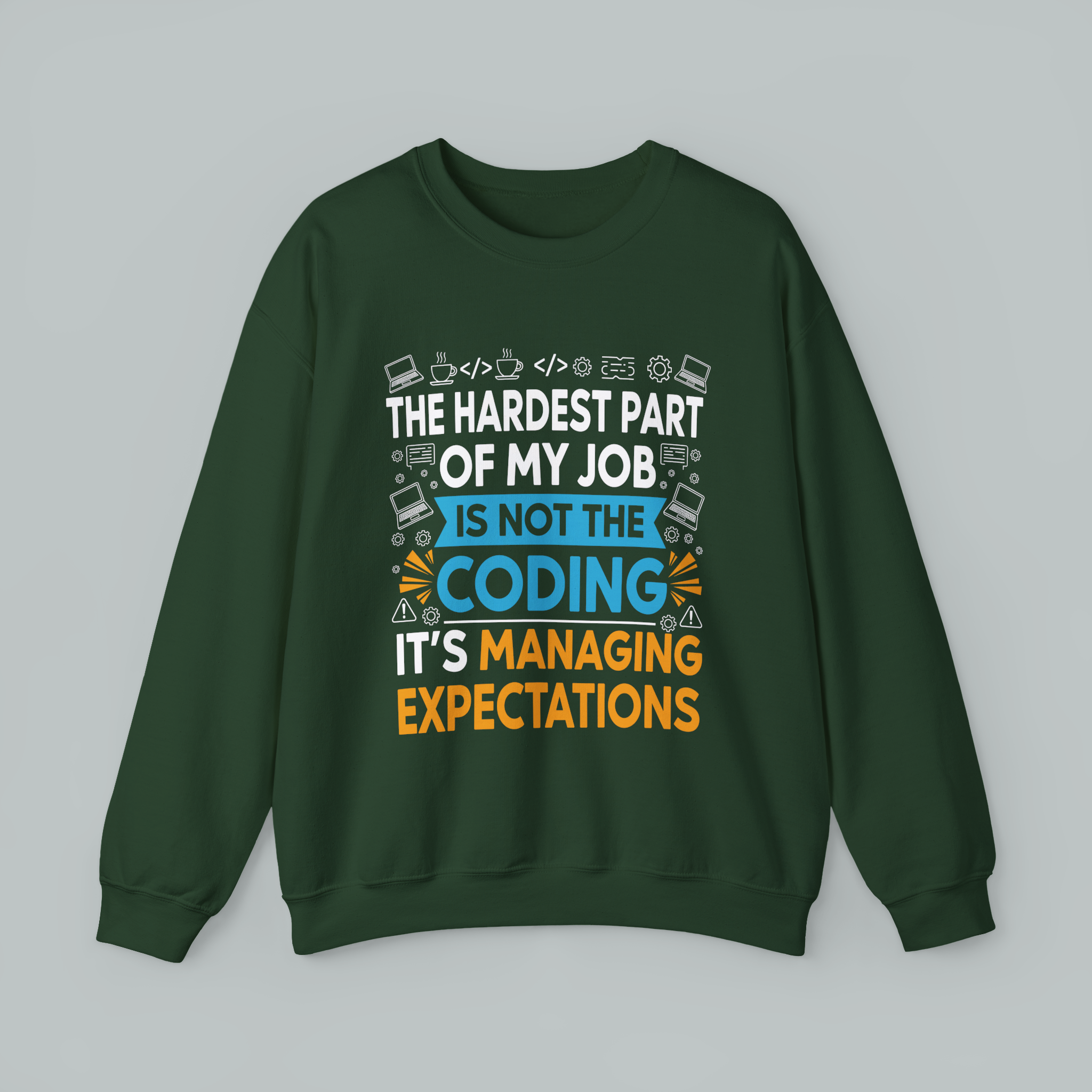 Green sweatshirt with text and icons on a gray background