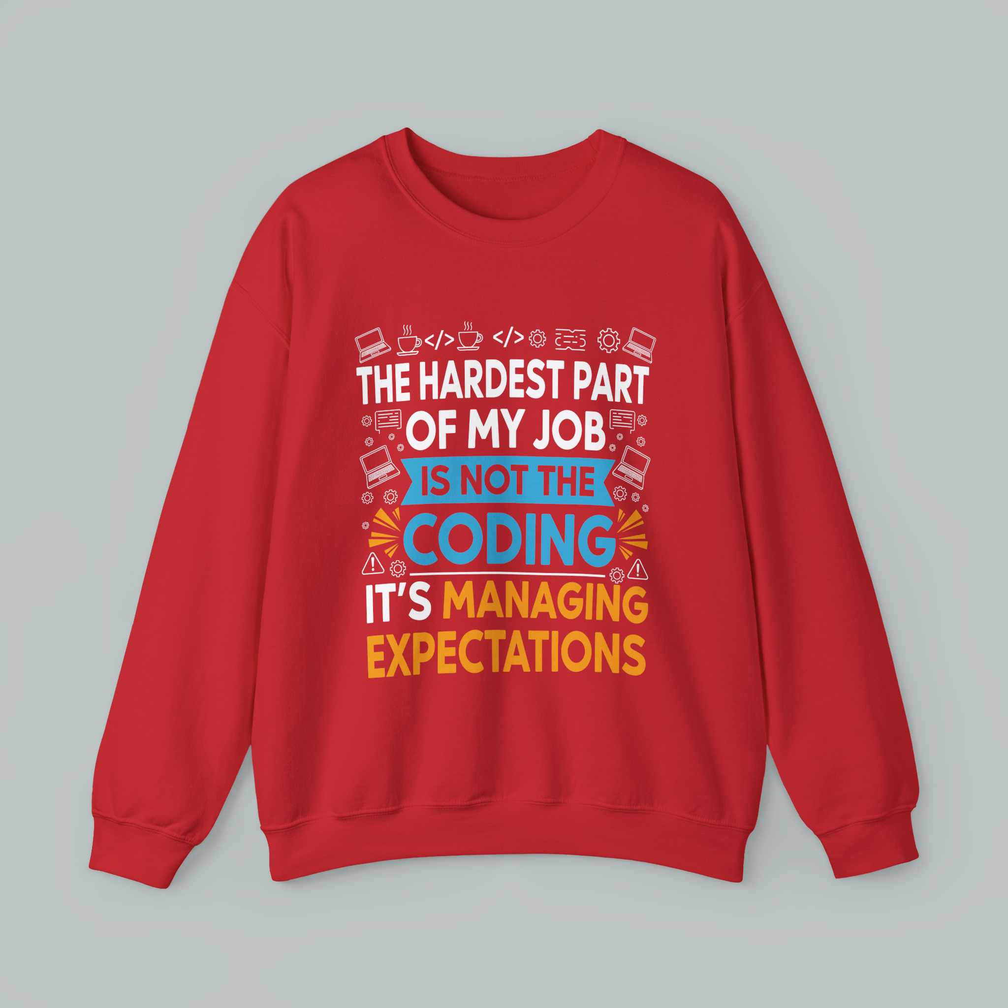 Red sweatshirt with text design on a gray background