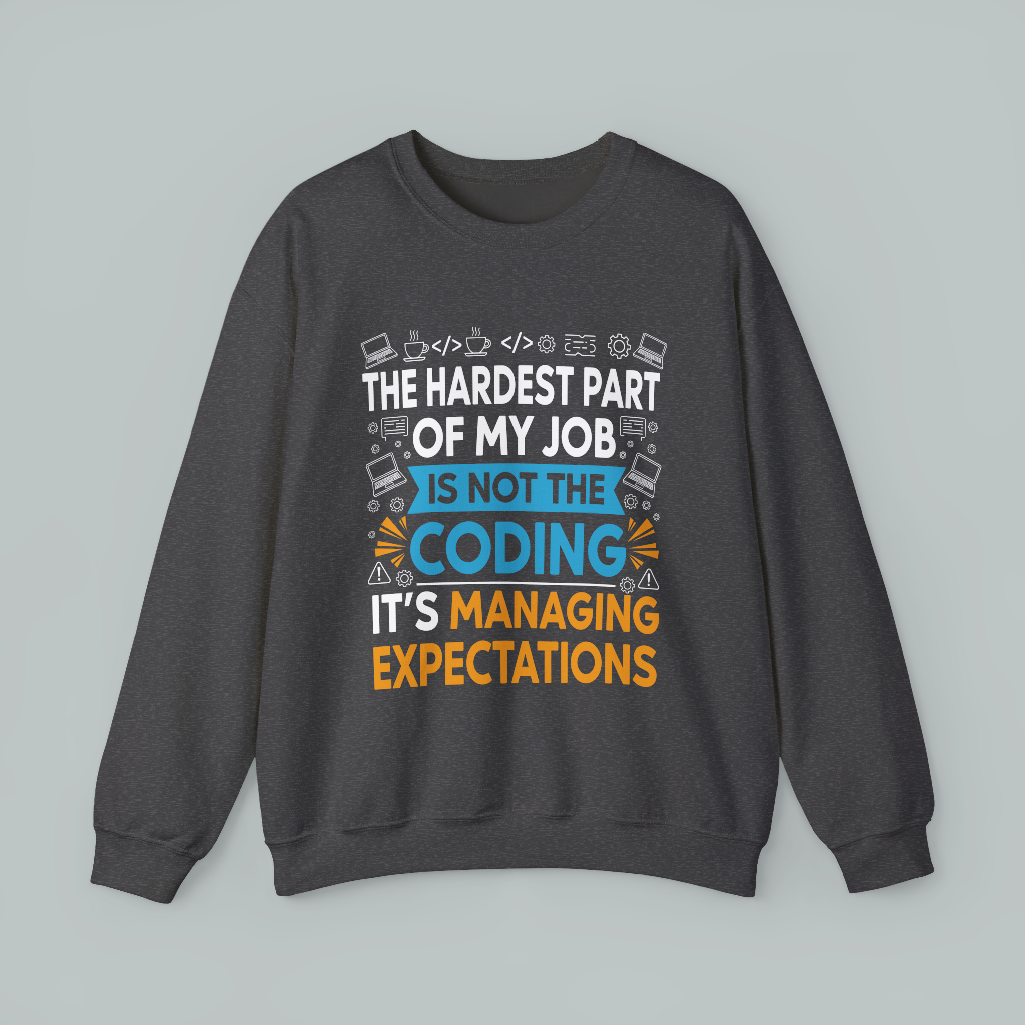Gray sweatshirt with text and icons on a gray background