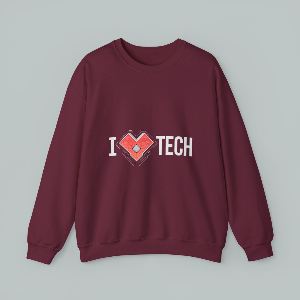I  TECH Sweatshirt — Red Circuit Board Heart Crewneck for Tech Lovers