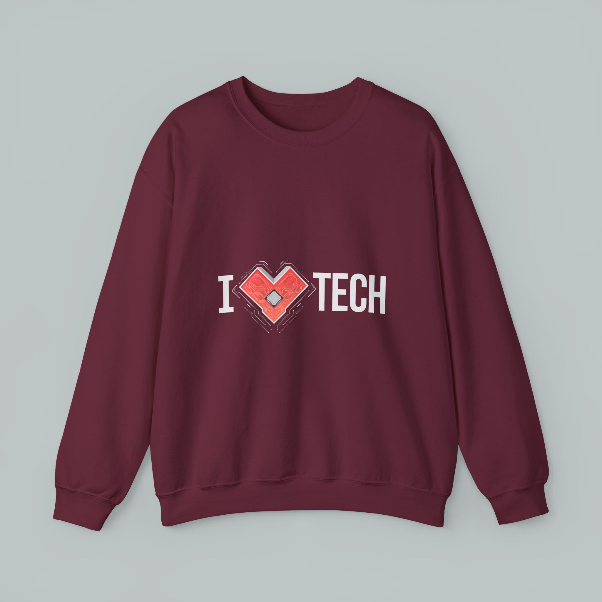 I  TECH Sweatshirt — Red Circuit Board Heart Crewneck for Tech Lovers