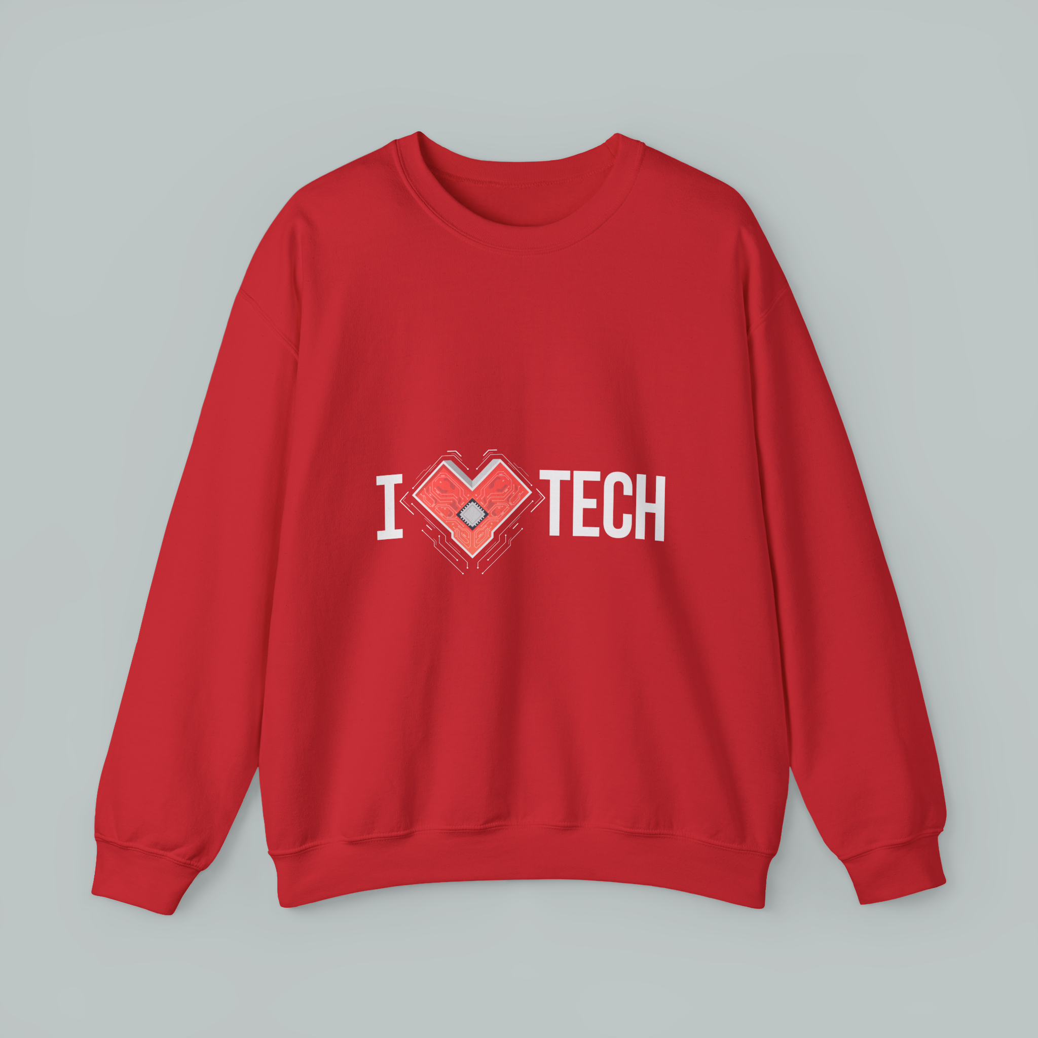 I  TECH Sweatshirt — Red Circuit Board Heart Crewneck for Tech Lovers