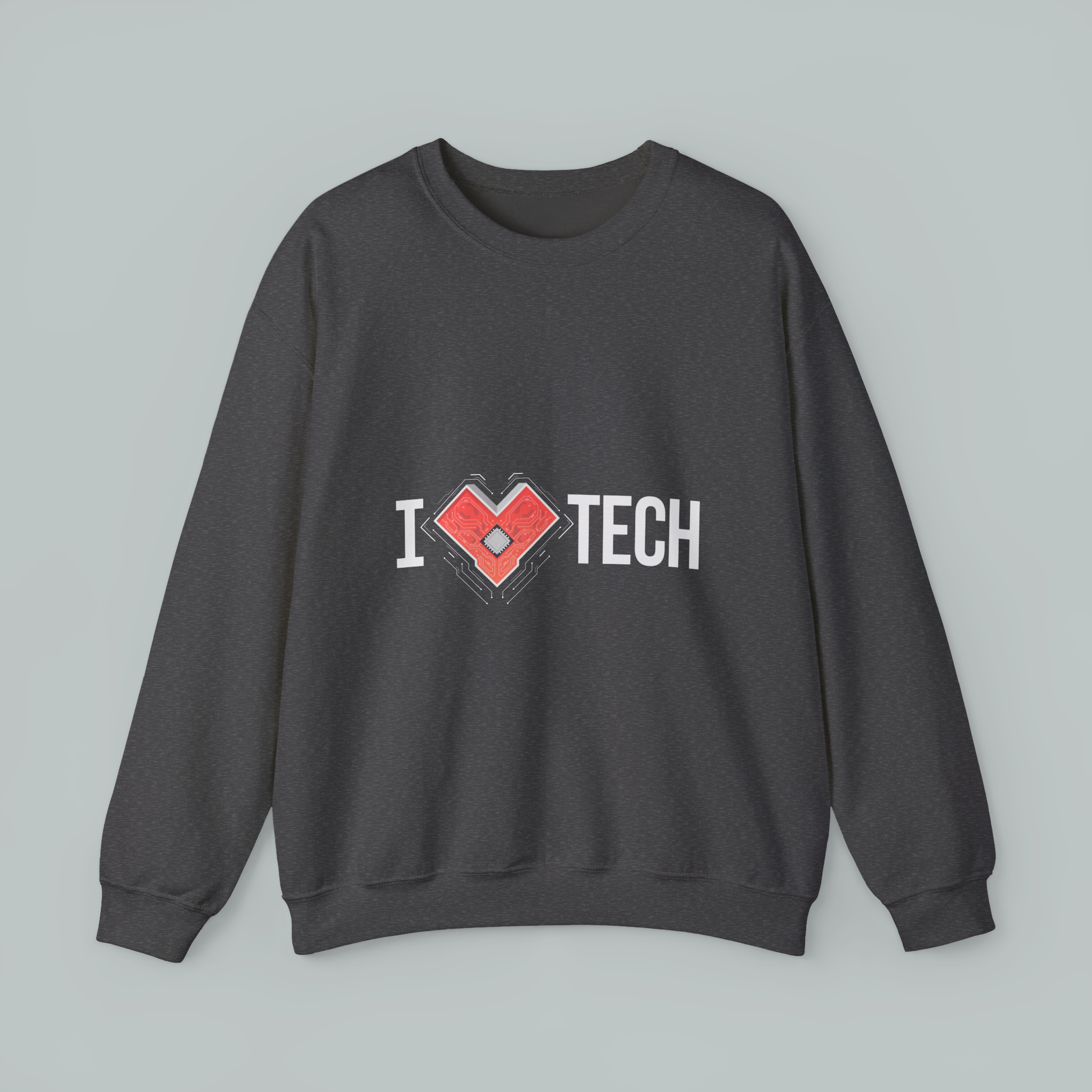 I  TECH Sweatshirt — Red Circuit Board Heart Crewneck for Tech Lovers