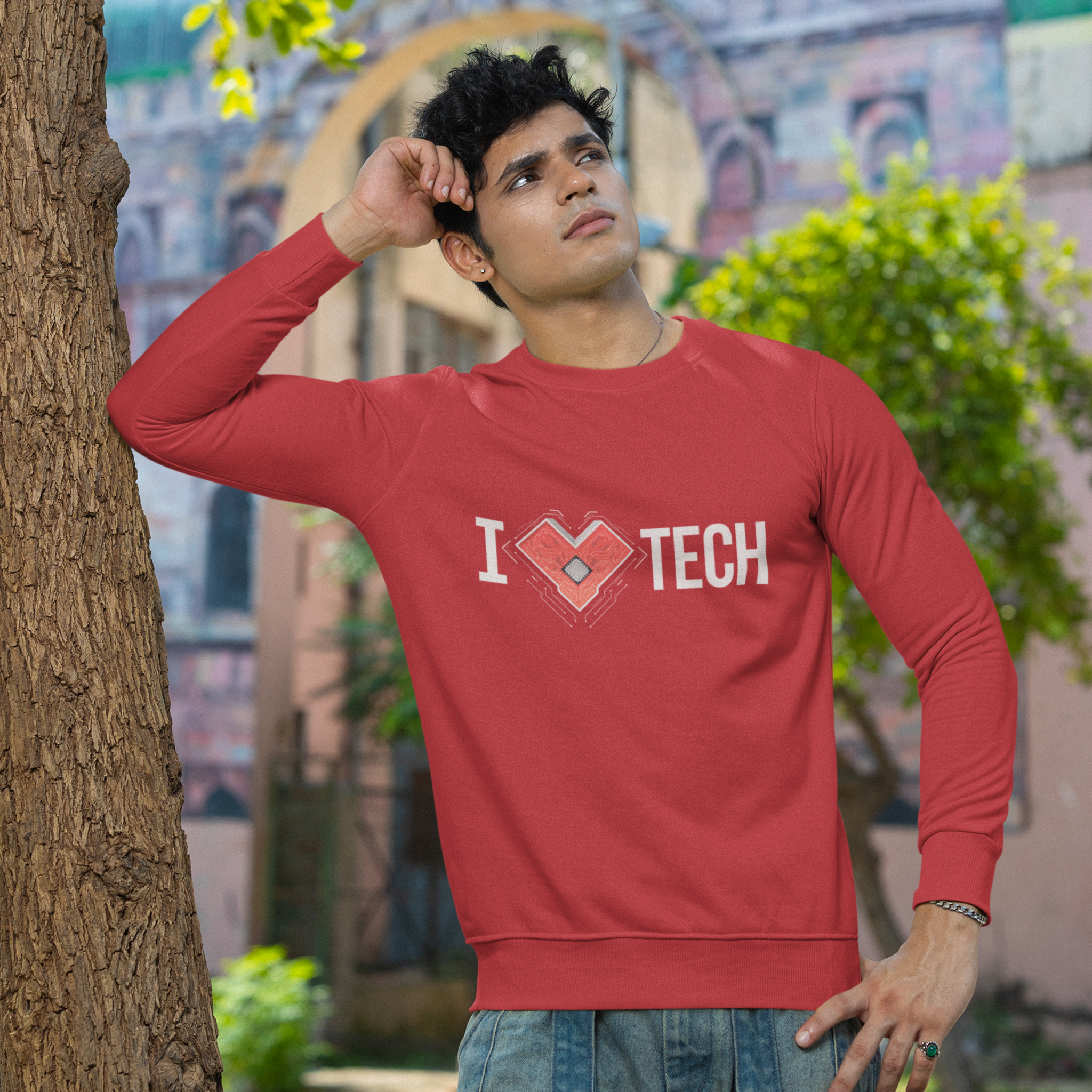 I  TECH Sweatshirt — Red Circuit Board Heart Crewneck for Tech Lovers