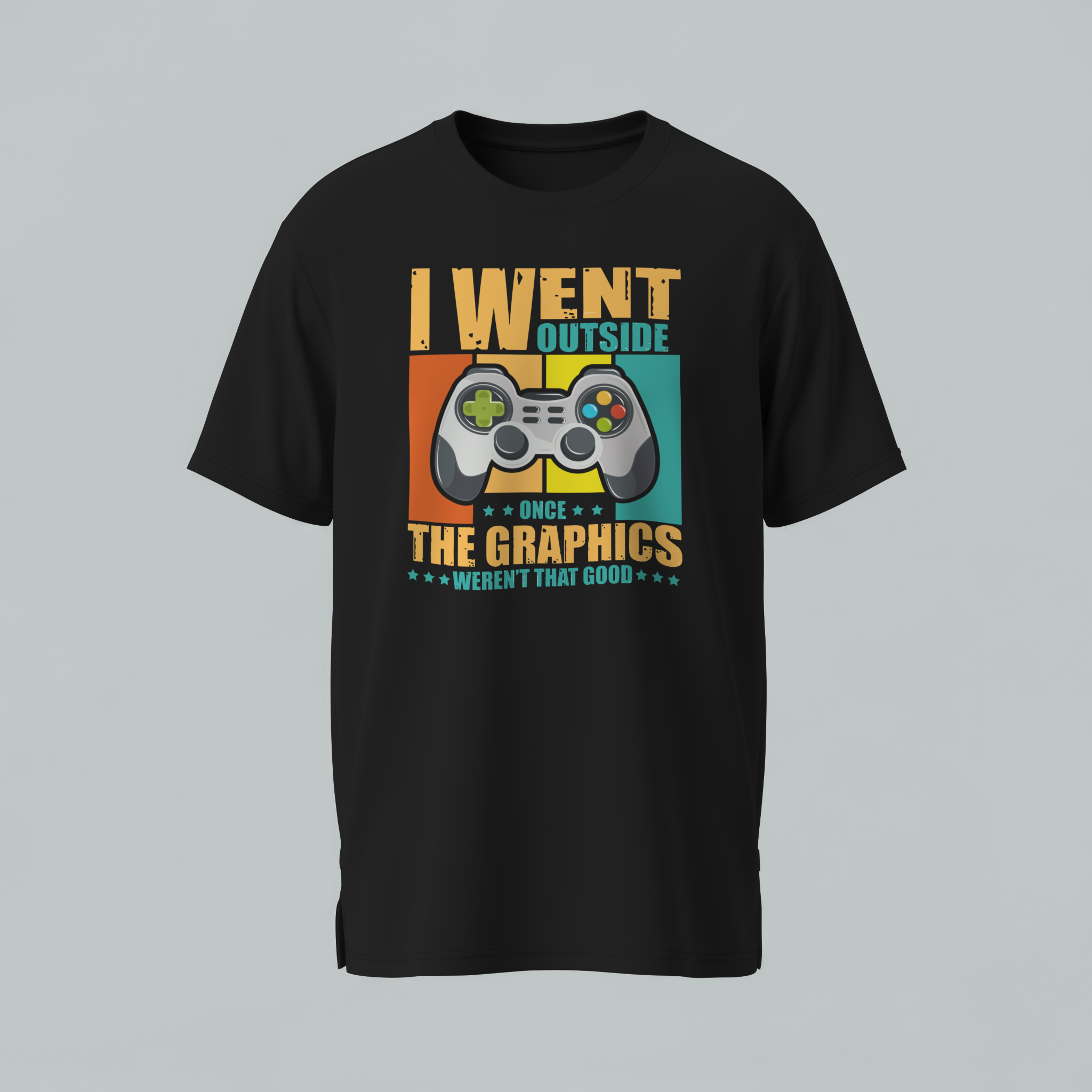 Black t-shirt with a graphic design of a game controller and text on a gray background