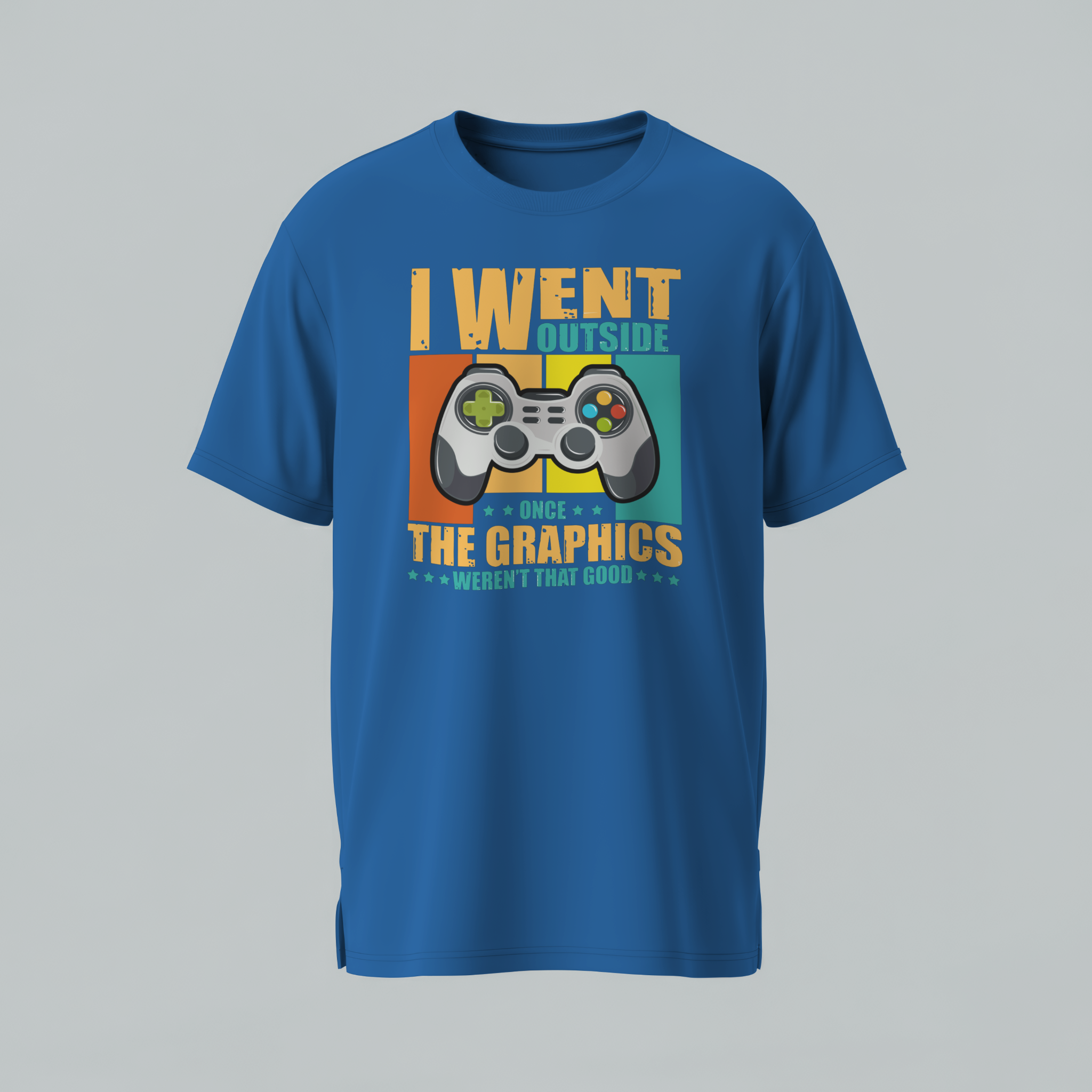 Royal Blue t-shirt with a graphic of a game controller and text on a gray background