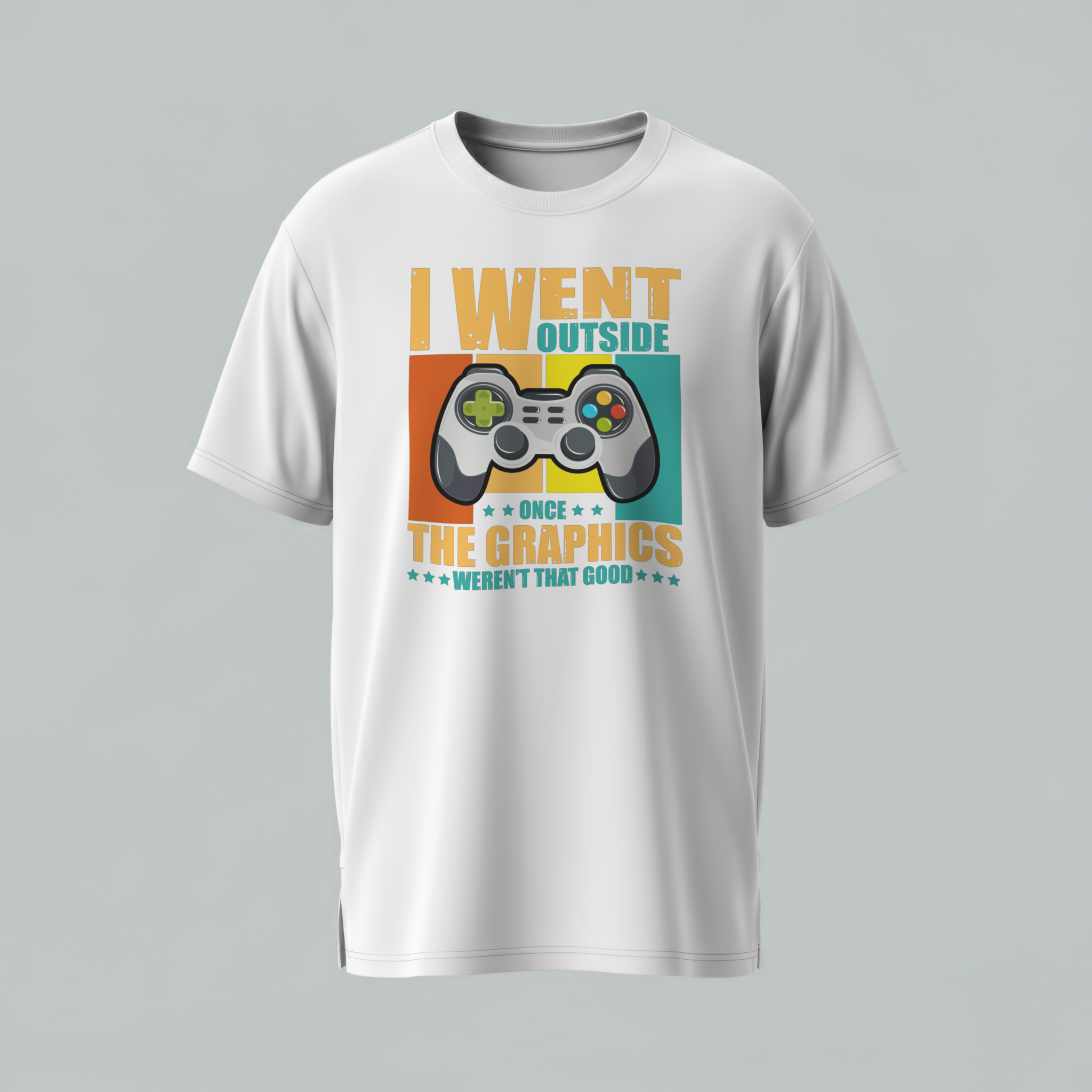 White t-shirt with a graphic design and text on a gray background