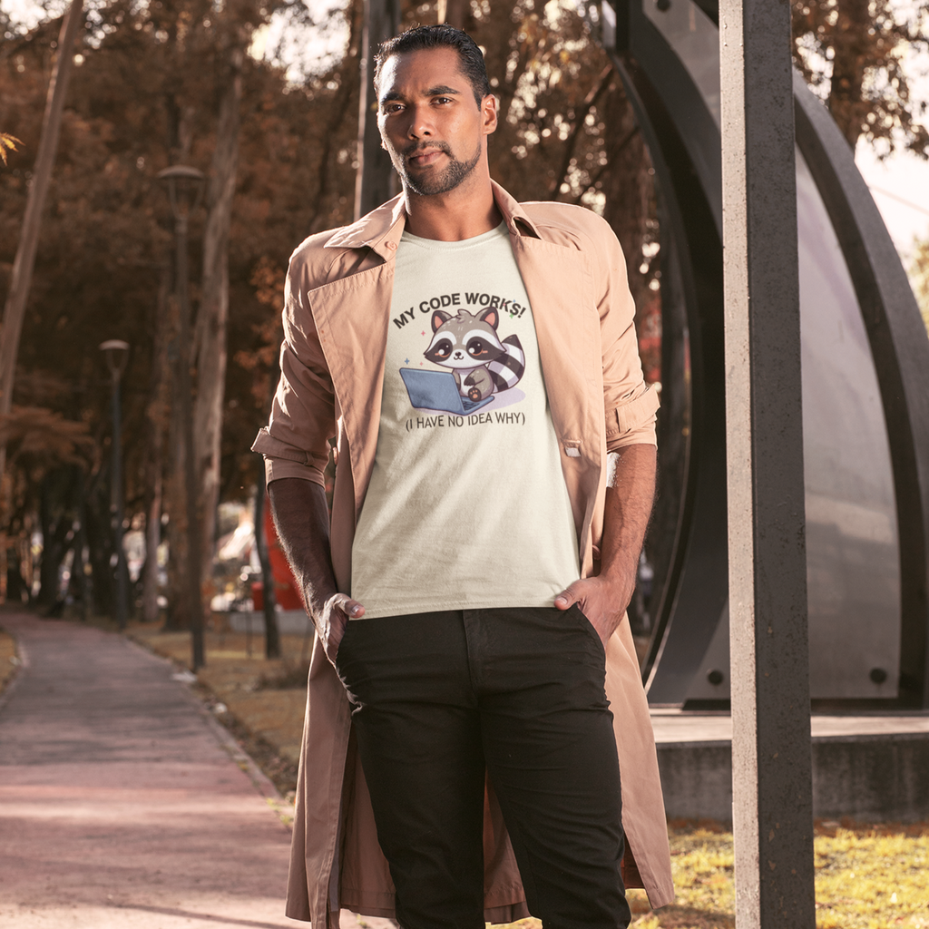 Cute Raccoon Coding T-Shirt — "My Code Works! (I Have No Idea Why)" Programmer Tee