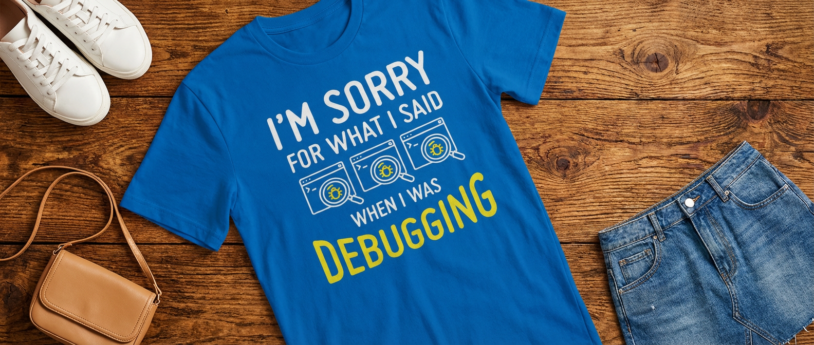 Blue t-shirt with humorous text on a wooden surface with shoes, jeans, and a handbag.