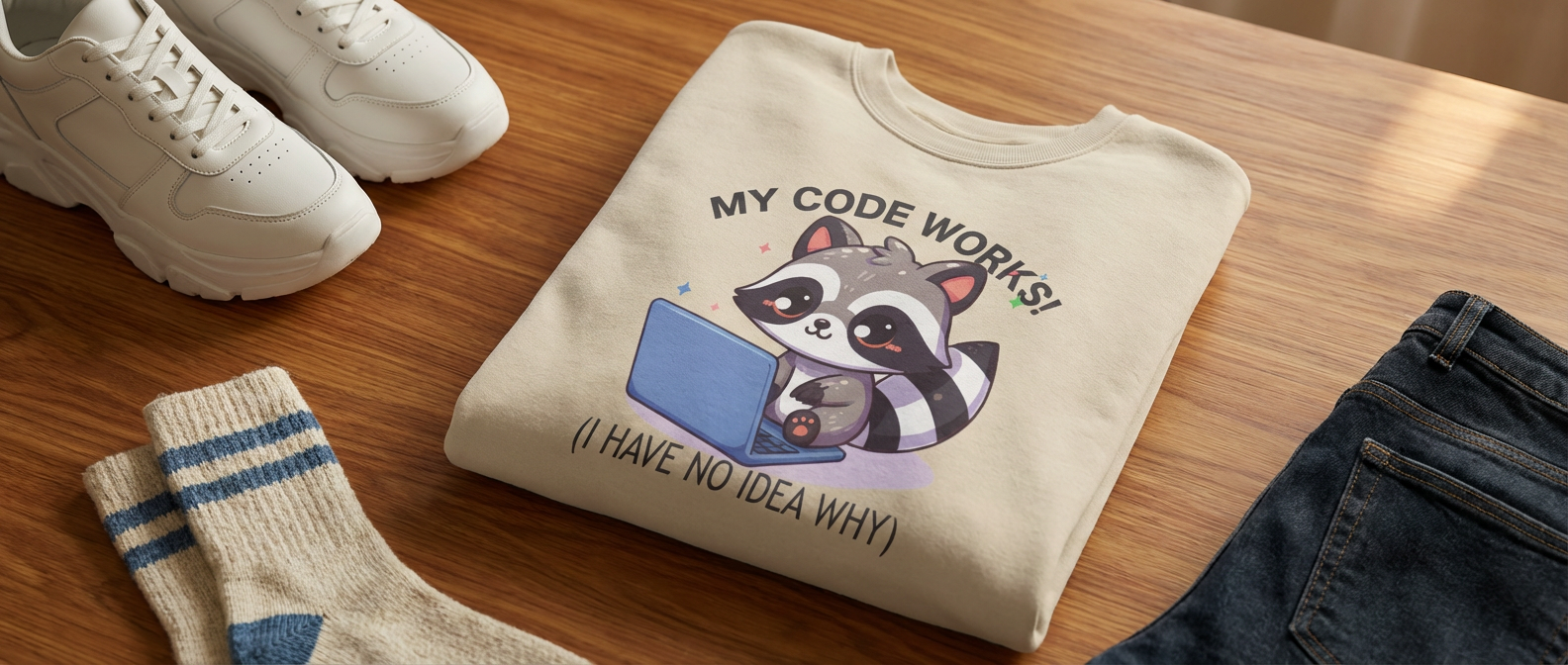 Beige sweatshirt with raccoon graphic and text on a wooden surface with white sneakers and socks.