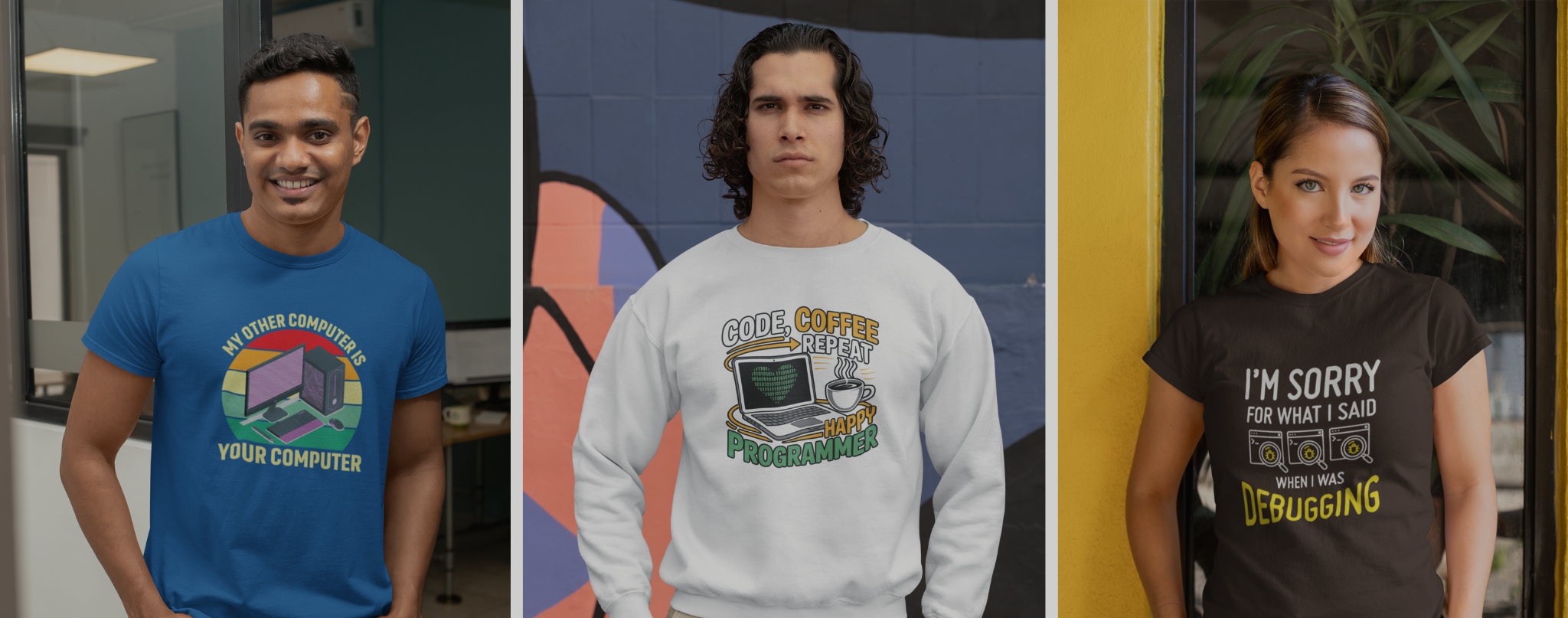 Three people wearing different graphic tees with computer-themed designs.